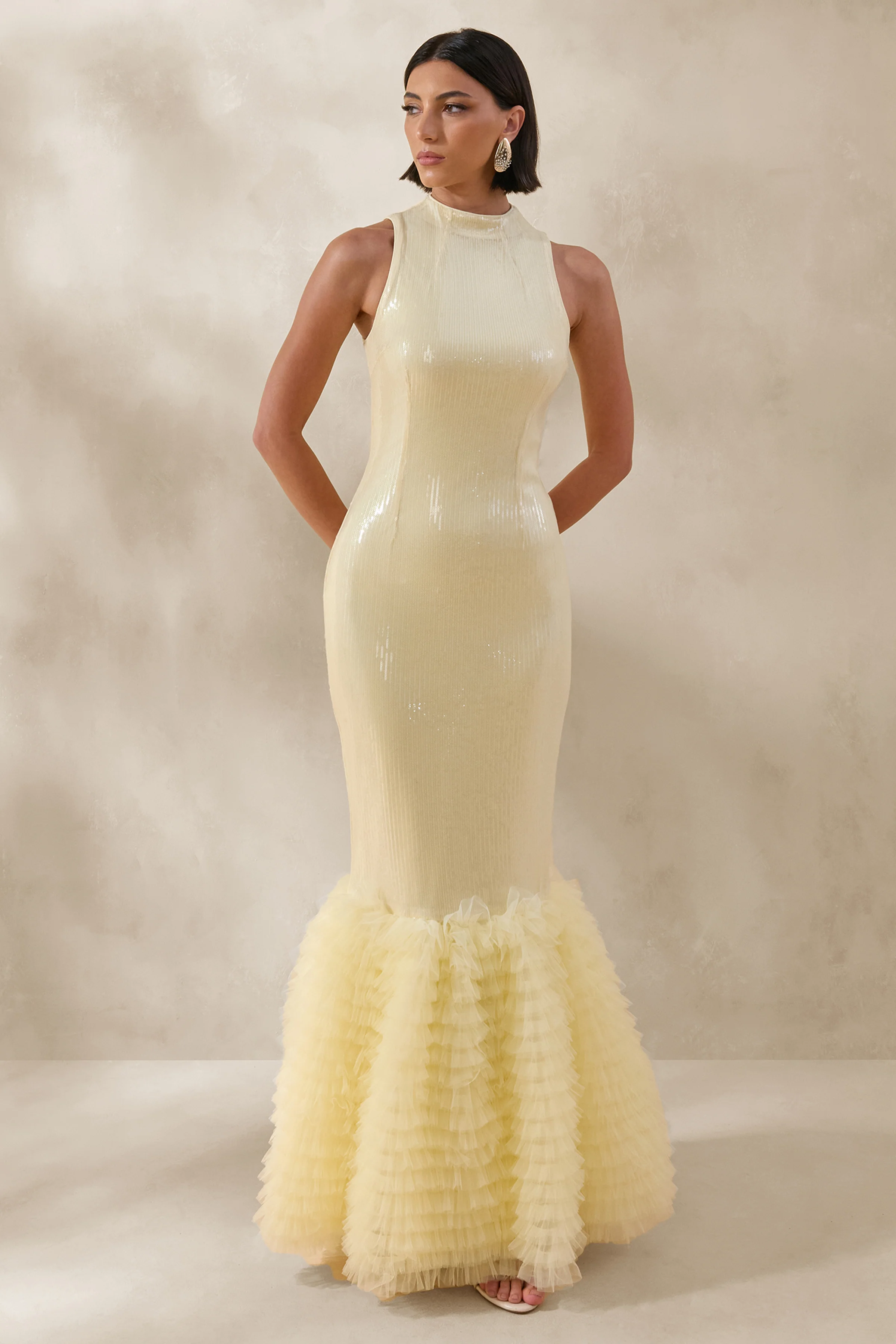Teila | Lemon Sequin High-Neck Fishtail Maxi Dress - Image 5