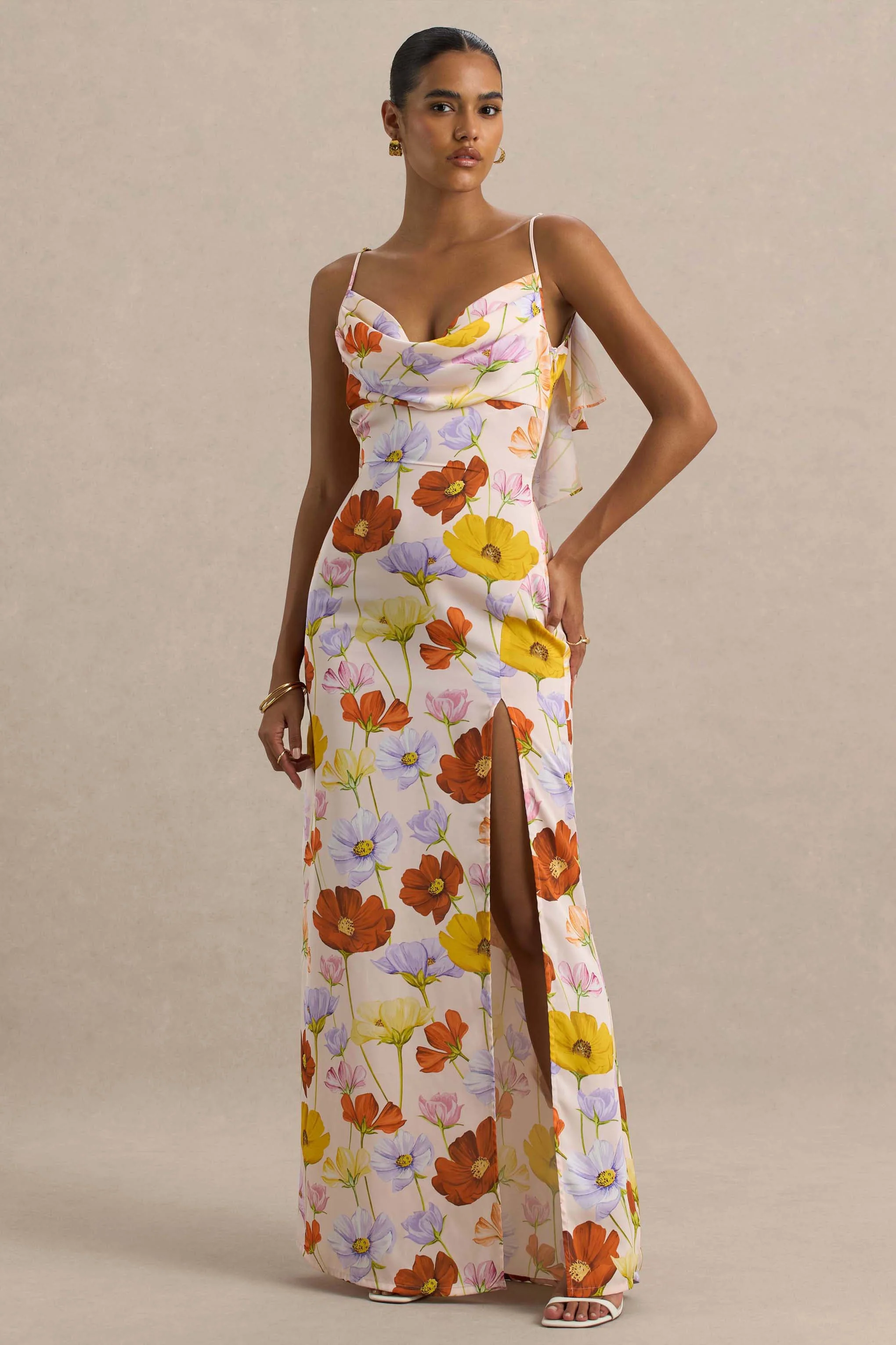 Thames | Bright Floral Print Satin Cowl-Neck Maxi Dress - Image 4