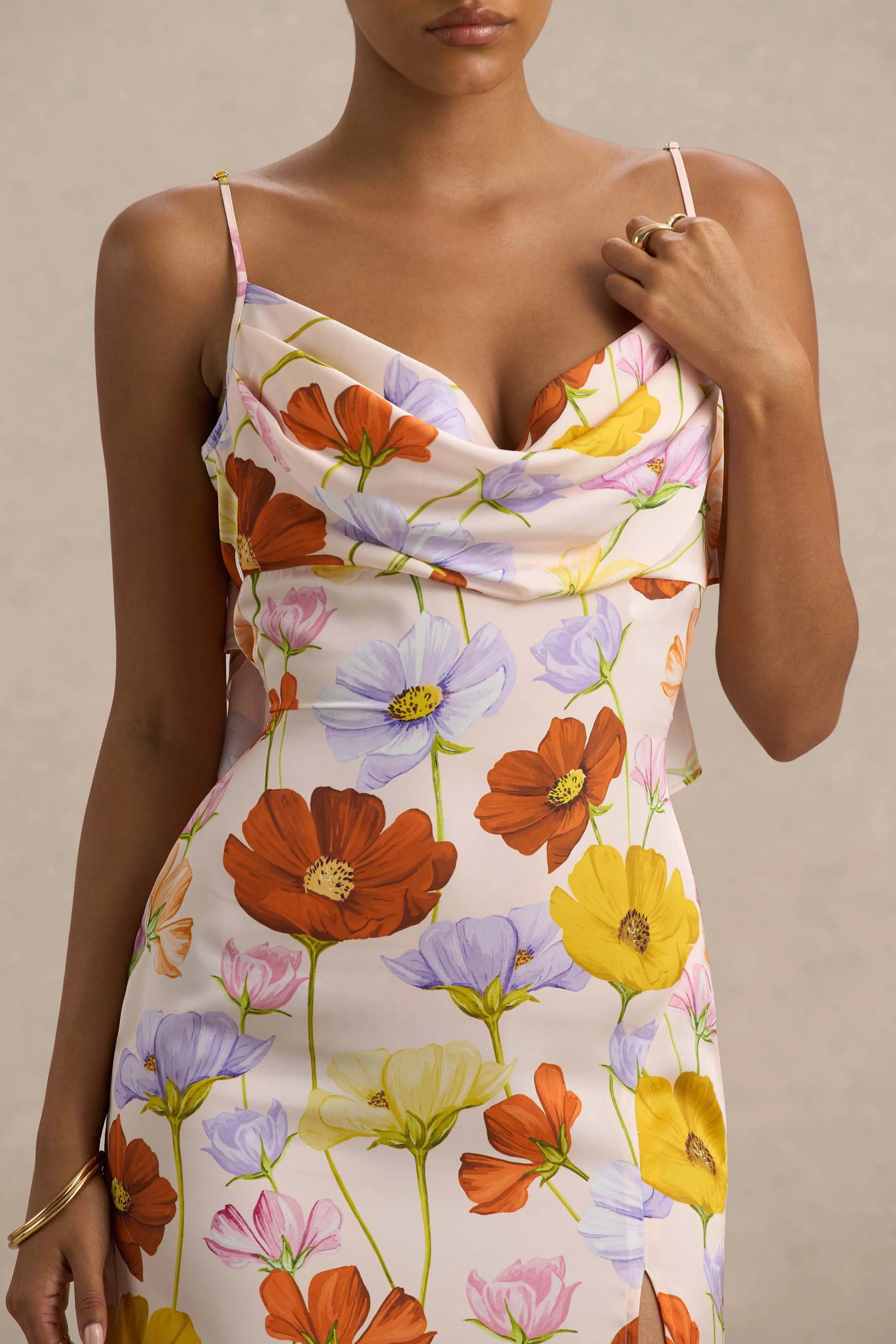 Thames | Bright Floral Print Satin Cowl-Neck Maxi Dress - Image 5