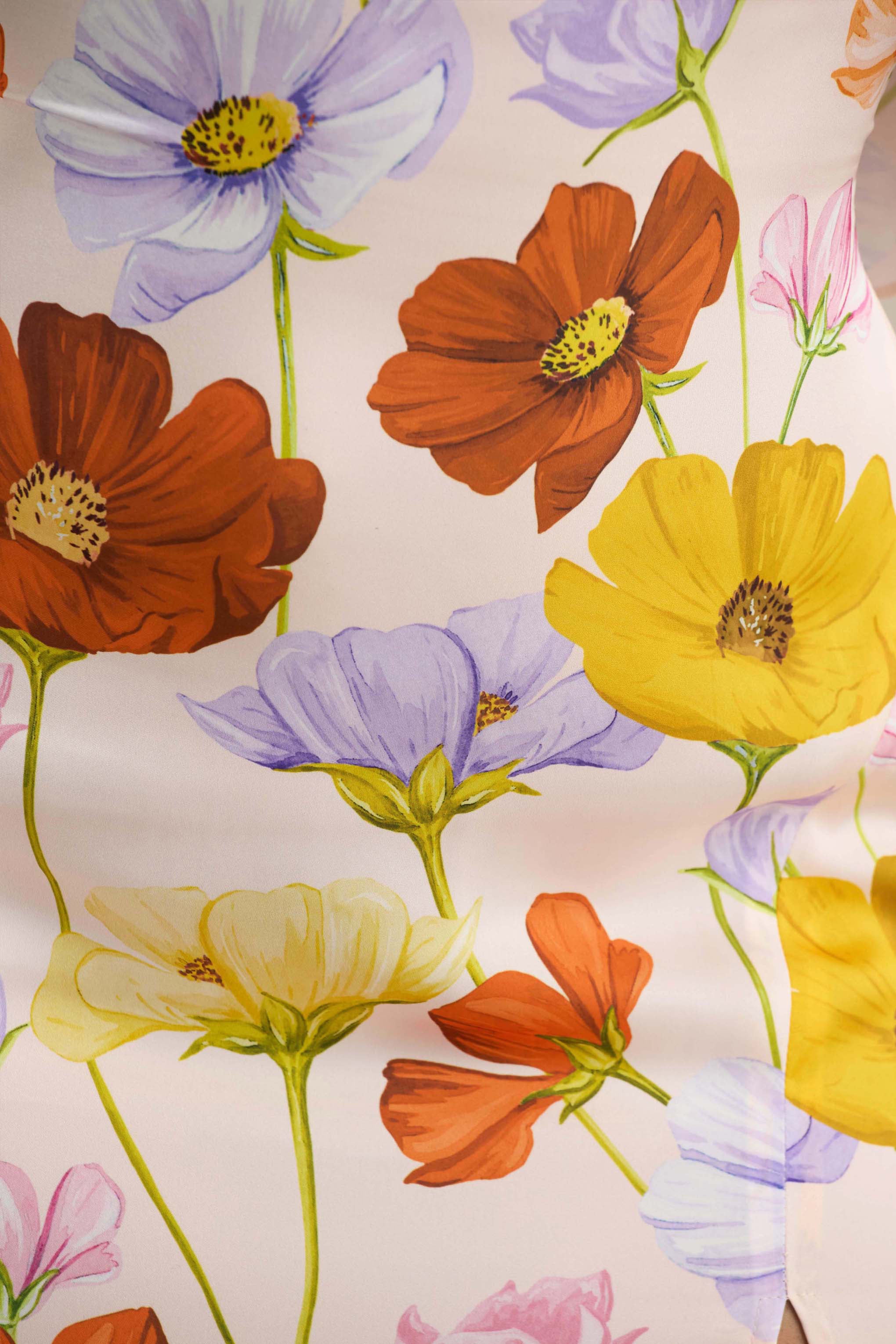 Thames | Bright Floral Print Satin Cowl-Neck Maxi Dress - Image 7