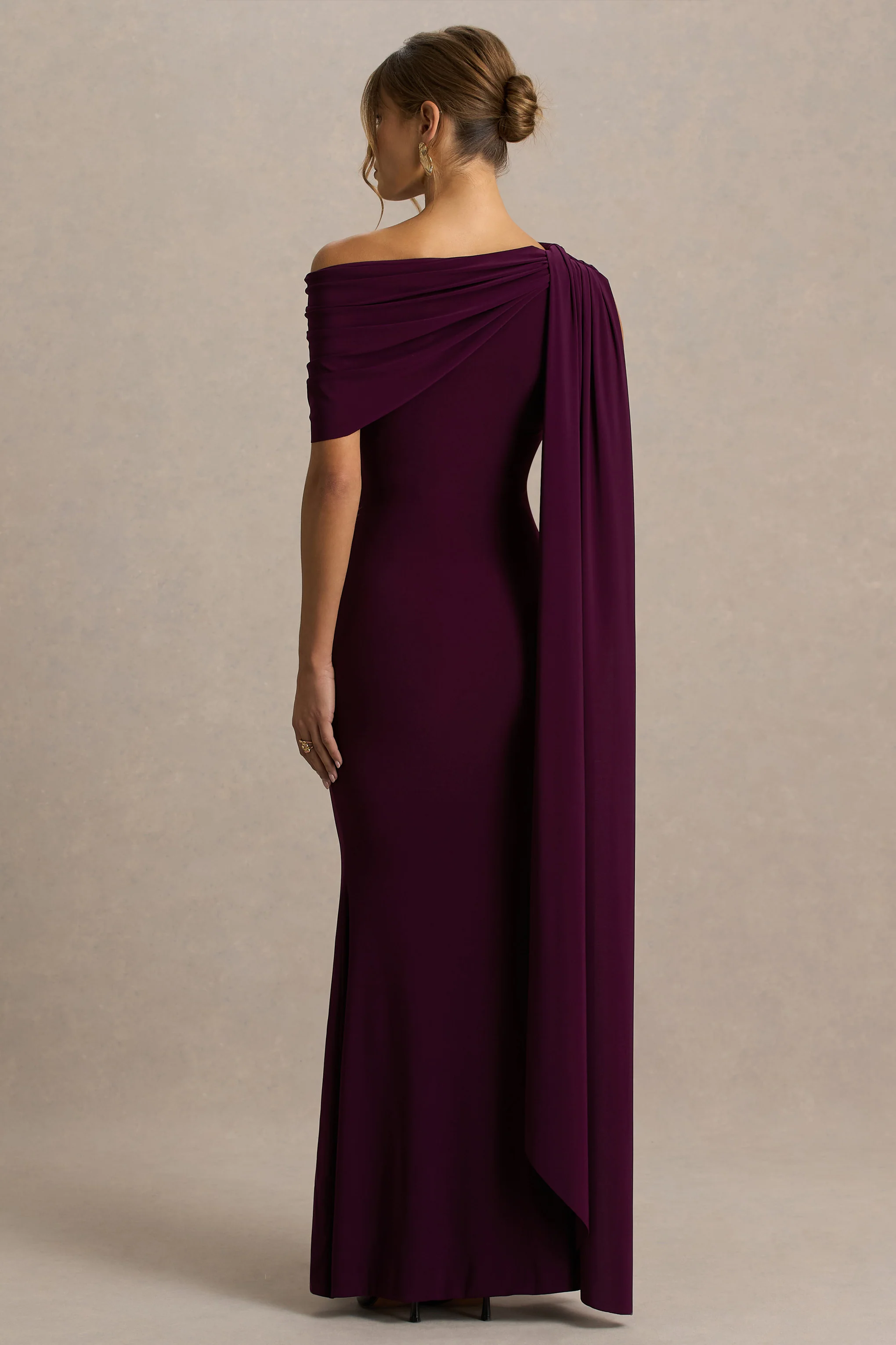 Tiana | Dark Plum Asymmetric-Neck Maxi Dress With Draped Detail - Image 2