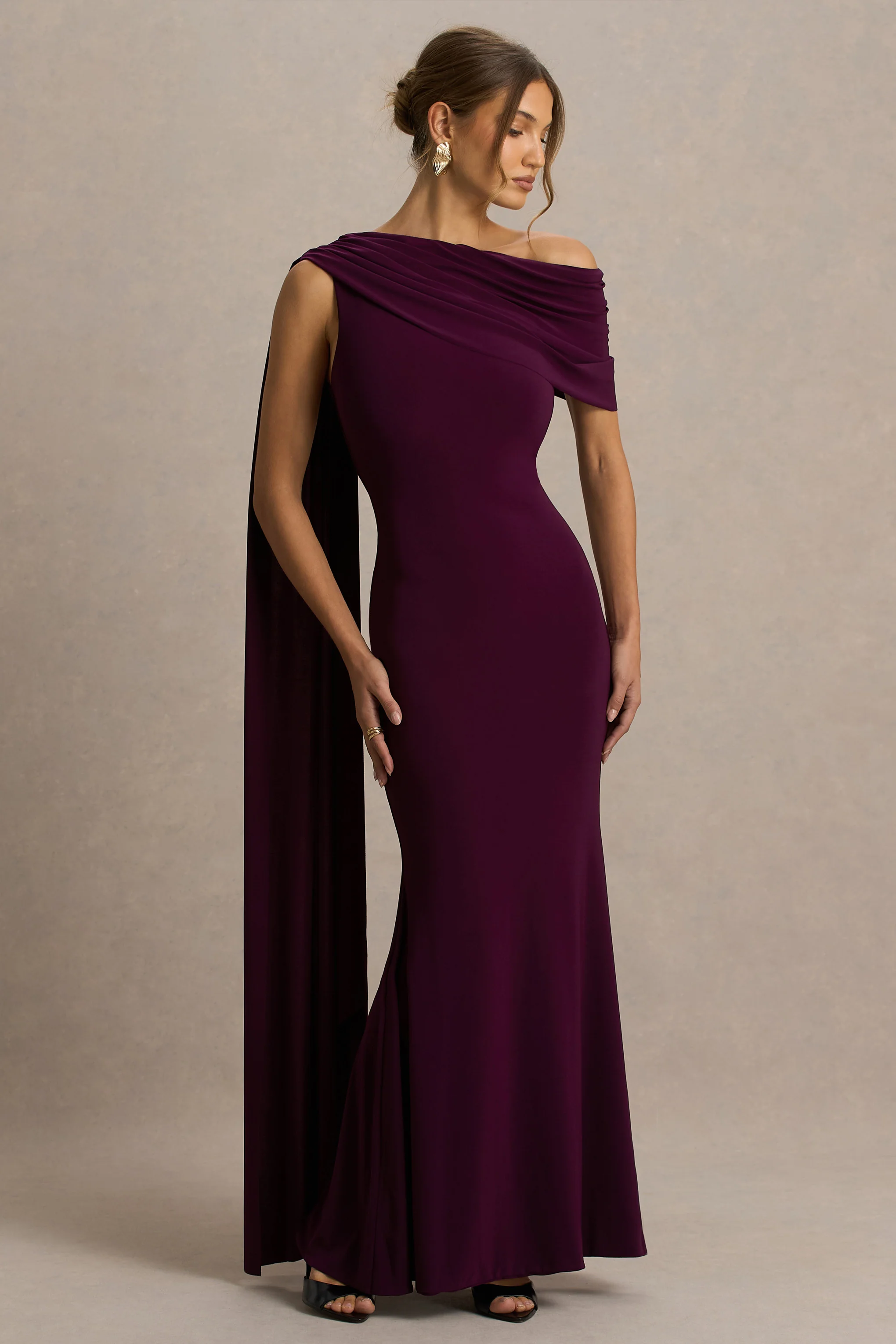 Tiana | Dark Plum Asymmetric-Neck Maxi Dress With Draped Detail - Image 3