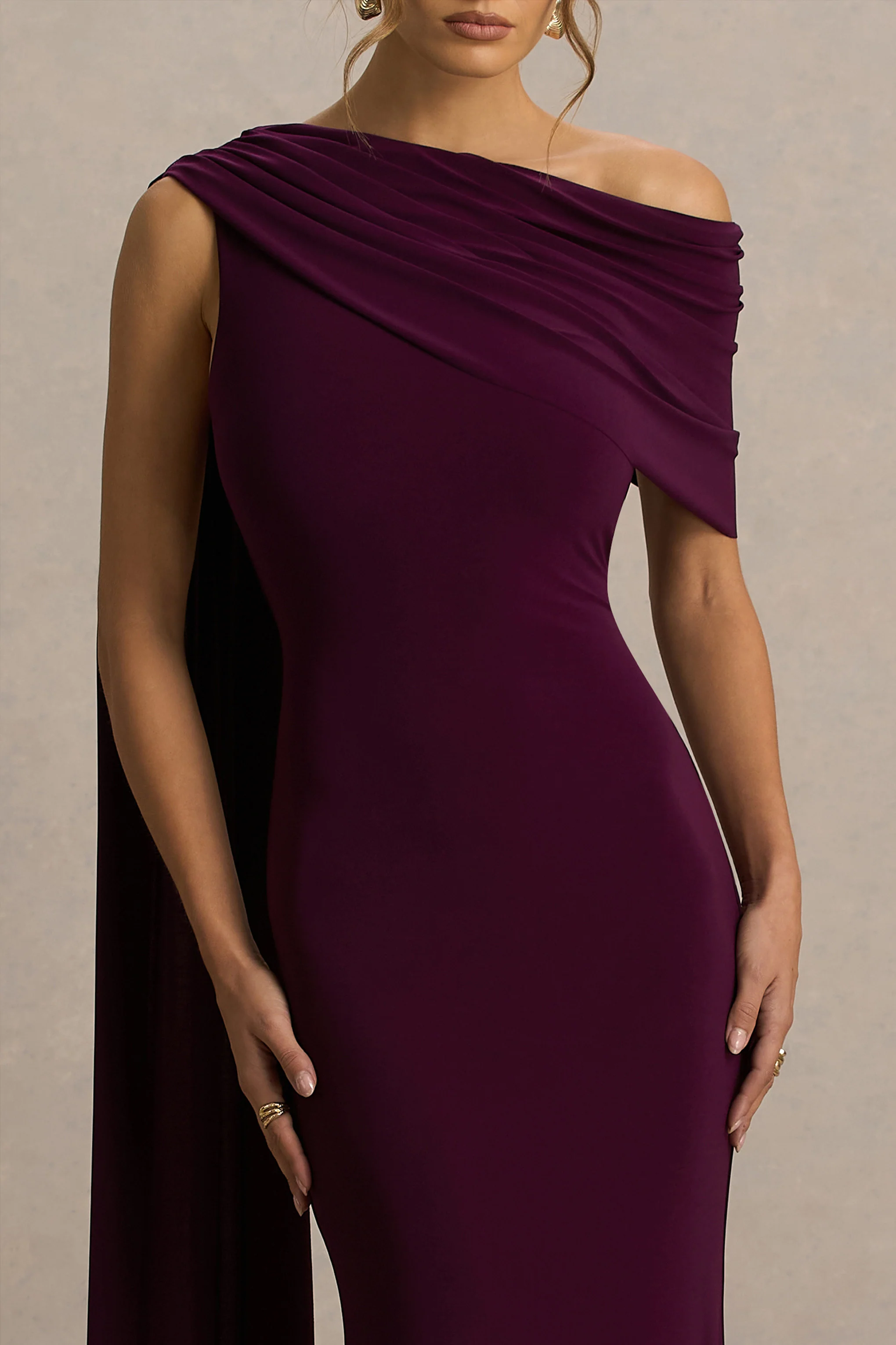 Tiana | Dark Plum Asymmetric-Neck Maxi Dress With Draped Detail - Image 4