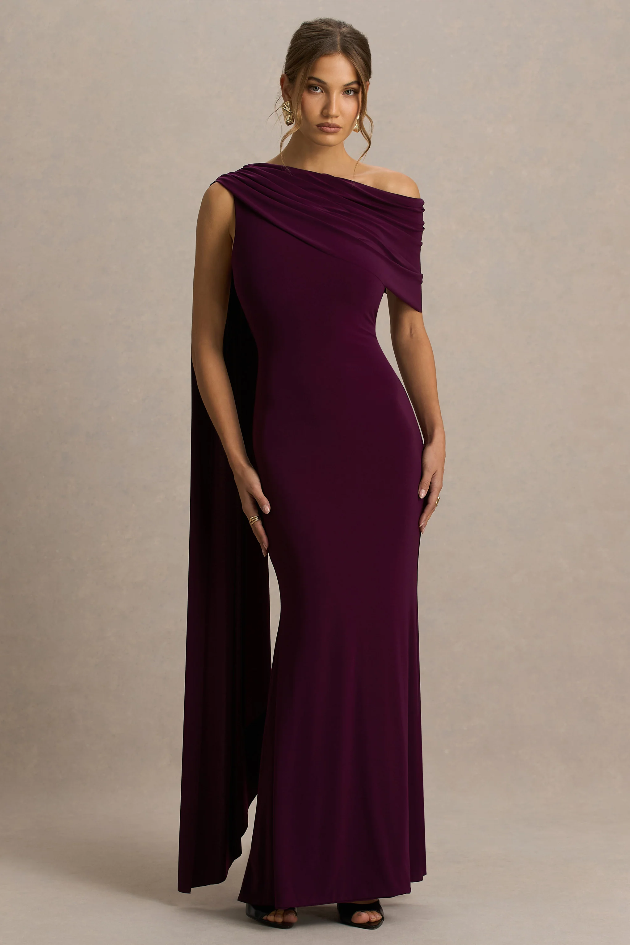 Tiana | Dark Plum Asymmetric-Neck Maxi Dress With Draped Detail - Image 5
