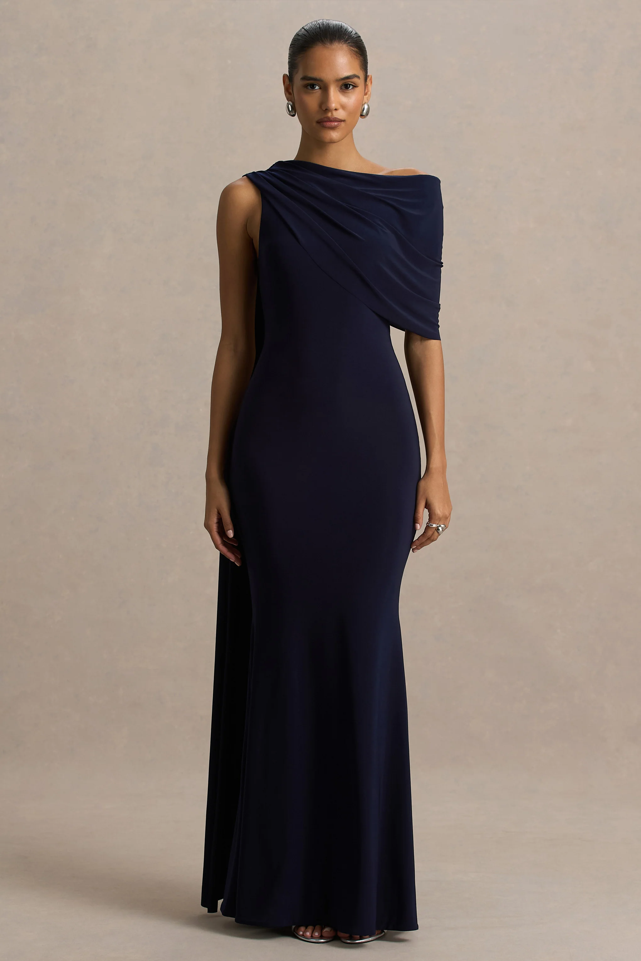 Tiana | Navy Asymmetric-Neck Maxi Dress With Drape-Detail - Image 5