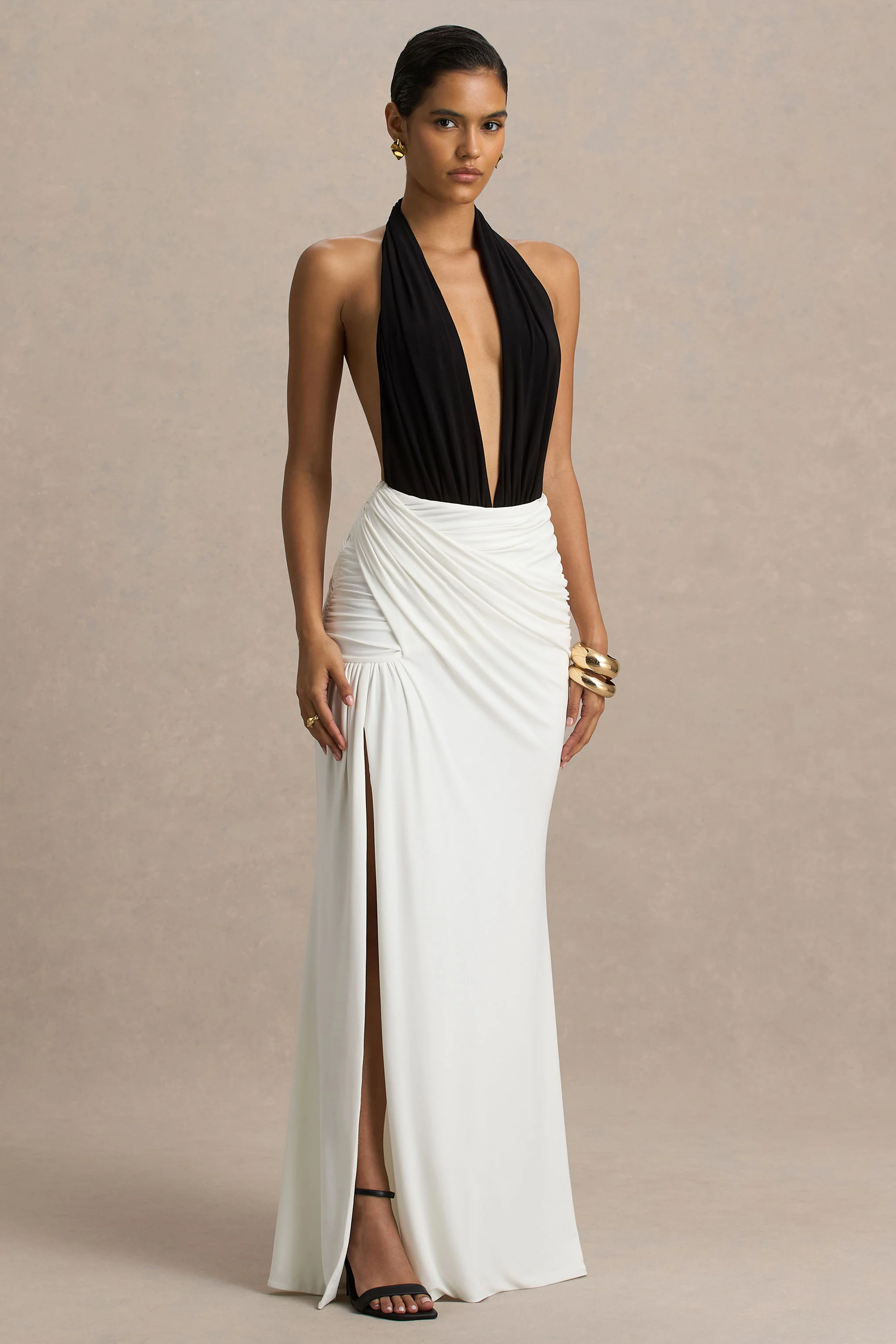 Tilly | Black And White Extreme-Plunge Neck Maxi Dress With Wrap And Ruched Details - Image 3