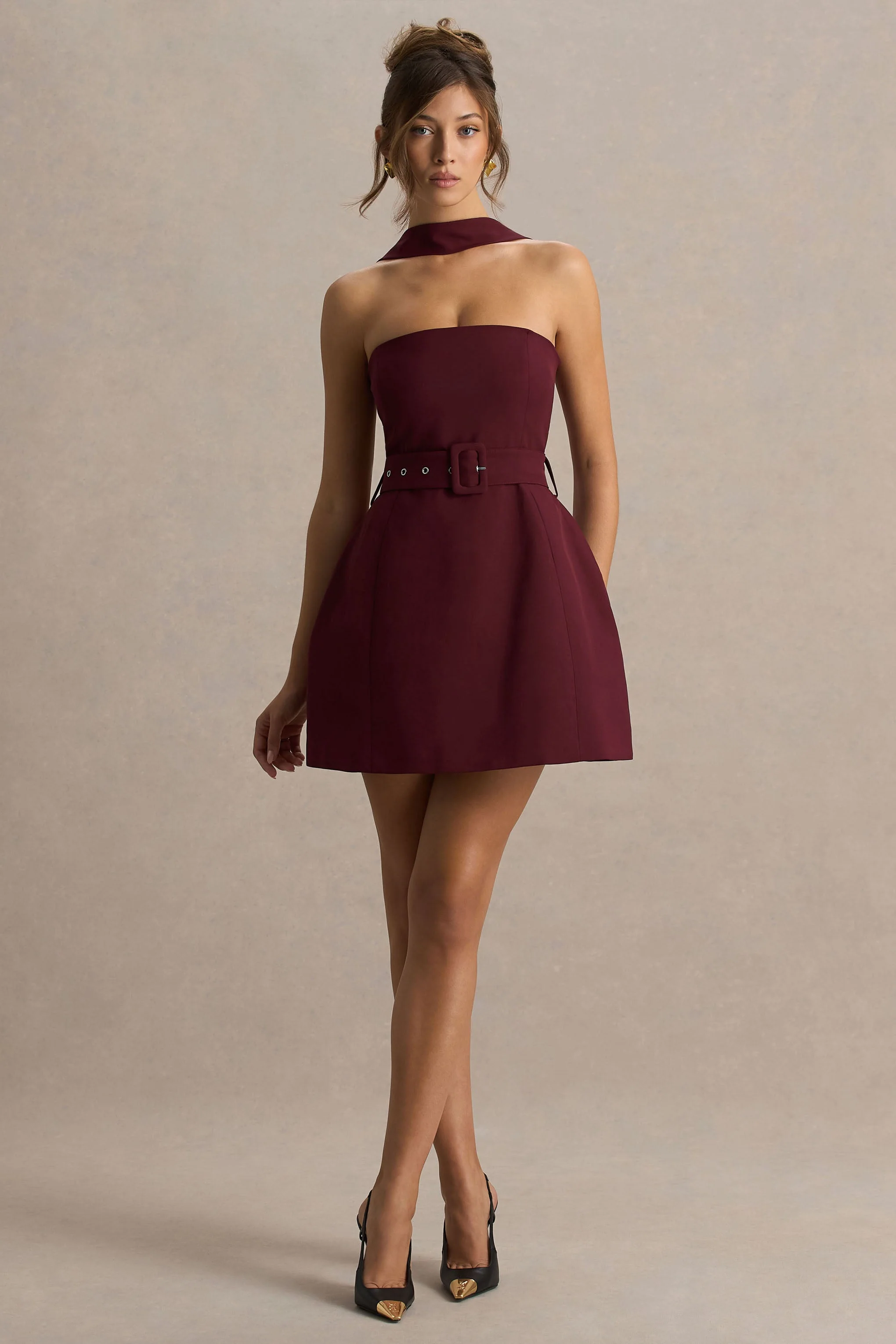 Timberly | Burgundy High-Neck Tailored Micro-Mini Dress - Image 3