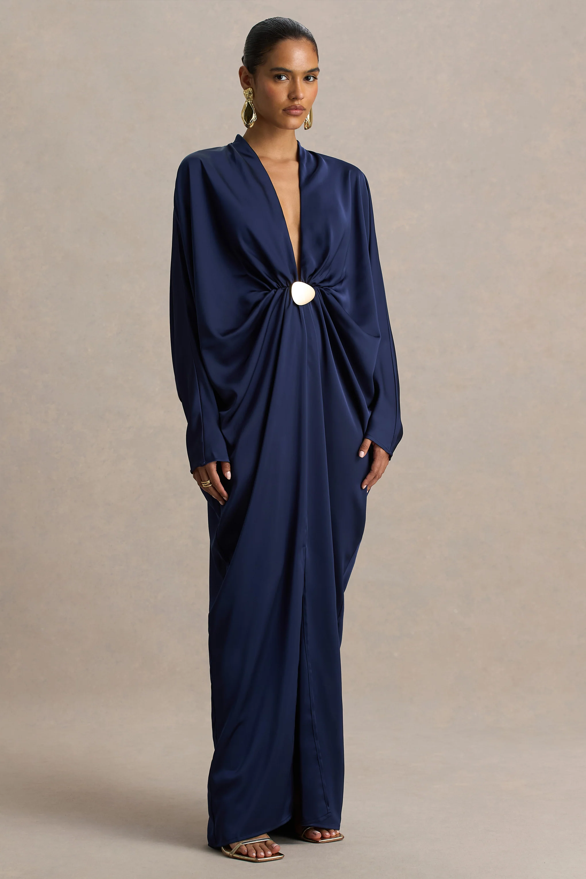 Tina | Navy Satin Plunge-Neck Embellished Maxi Dress - Image 5