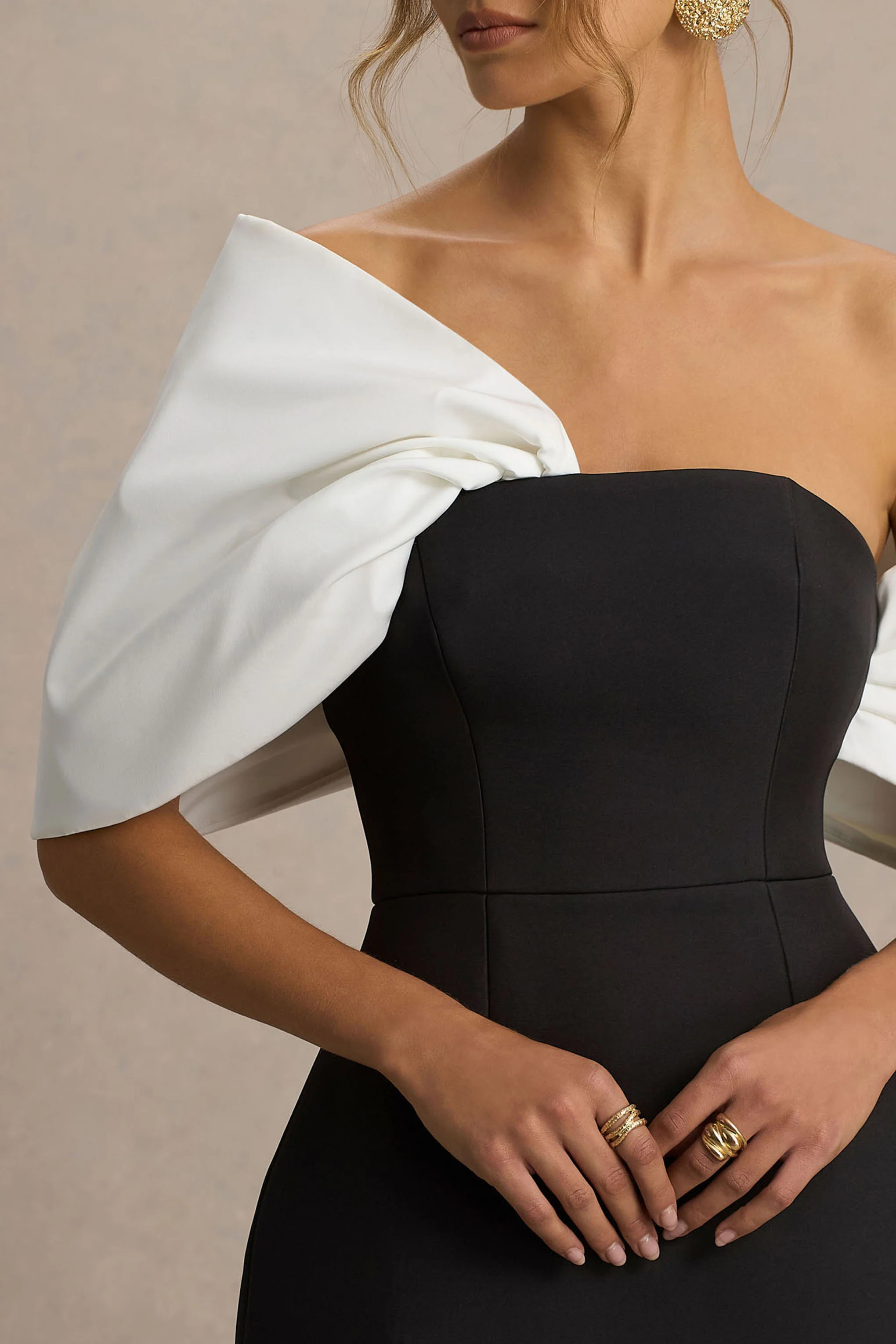 Tindra | Black And White Satin Bandeau-Neck Mini Dress With Bow Sleeves - Image 3