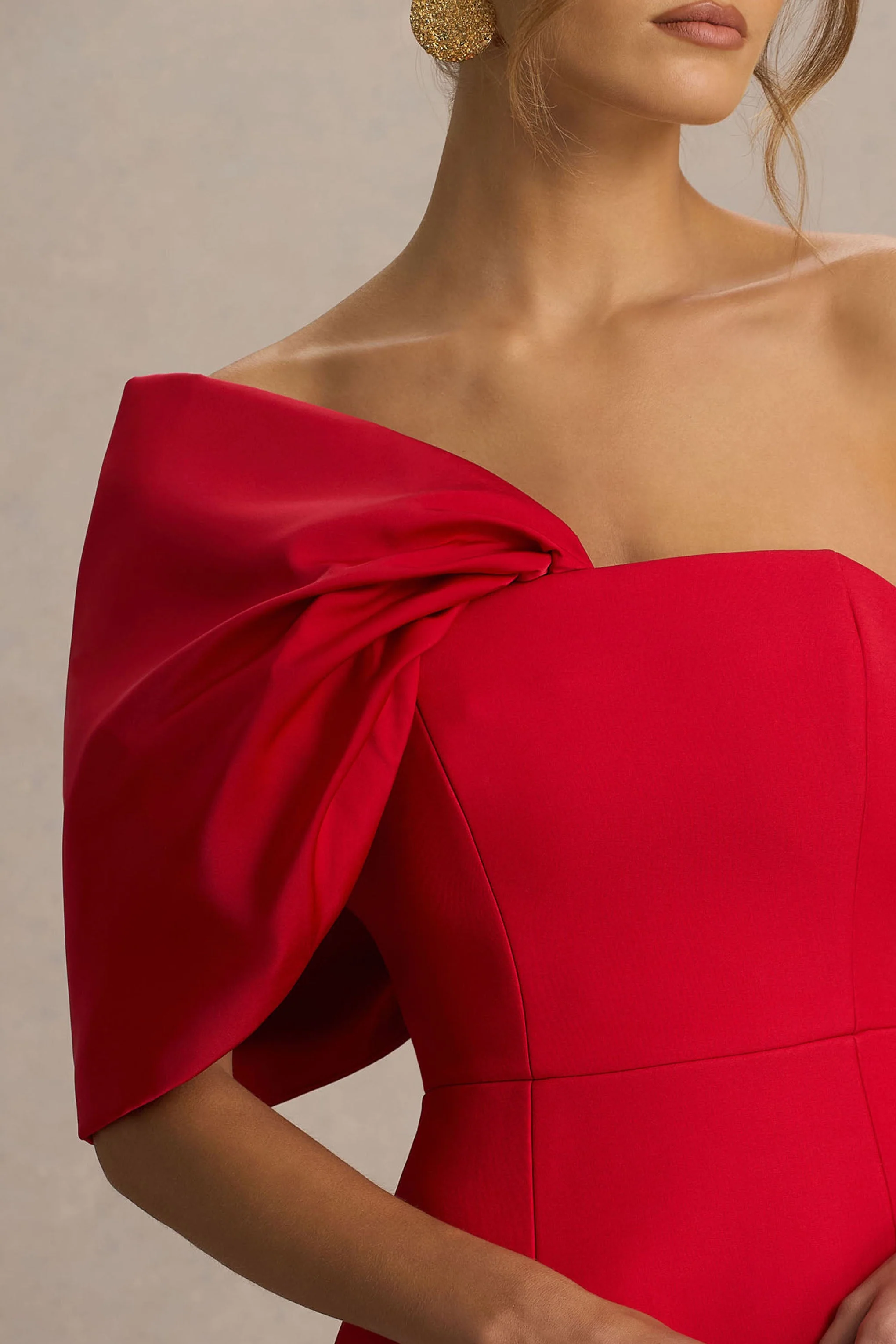 Tindra | Red Bandeau-Neck Mini Dress With Bow Sleeves - Image 3