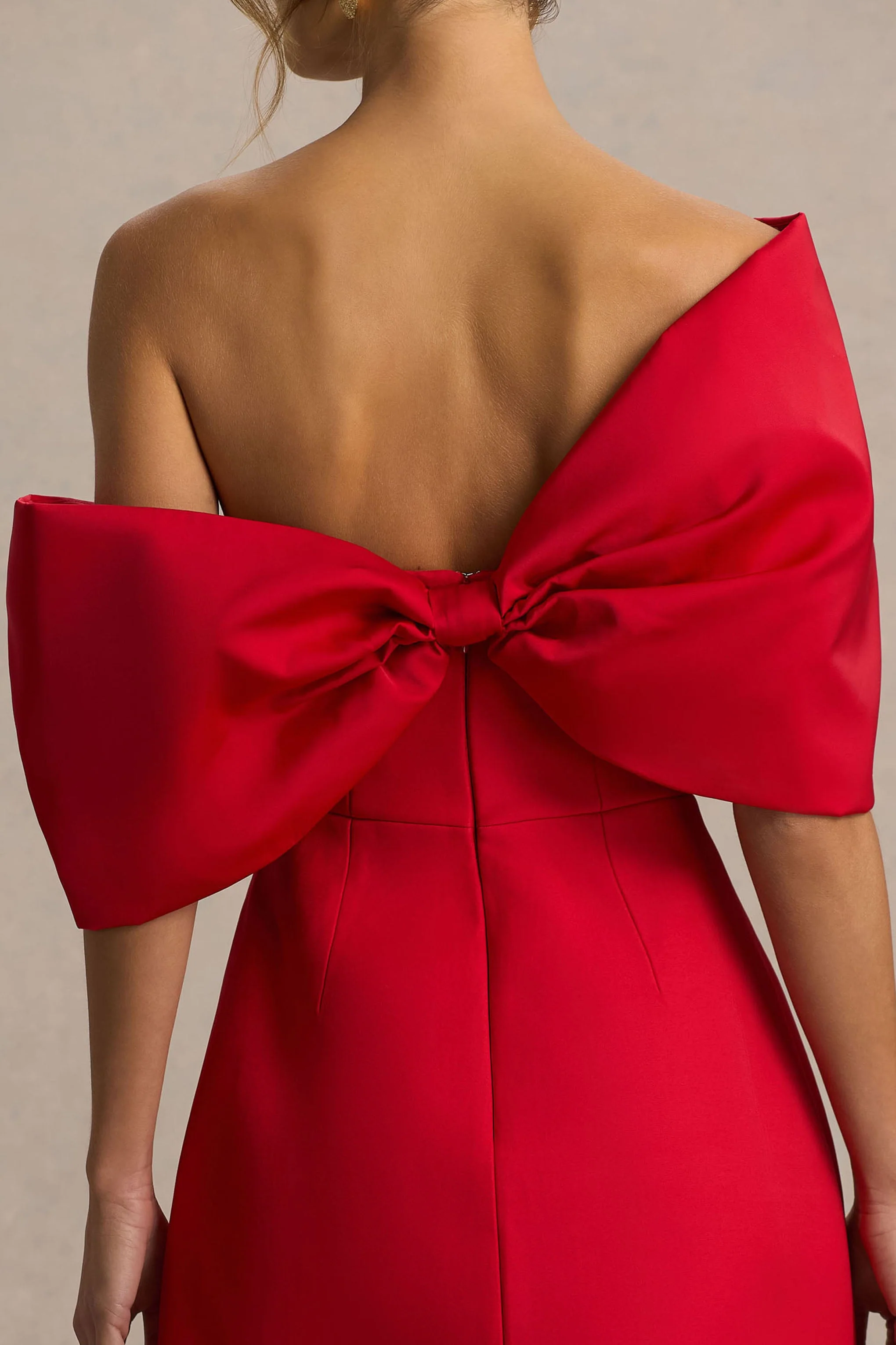 Tindra | Red Bandeau-Neck Mini Dress With Bow Sleeves - Image 7