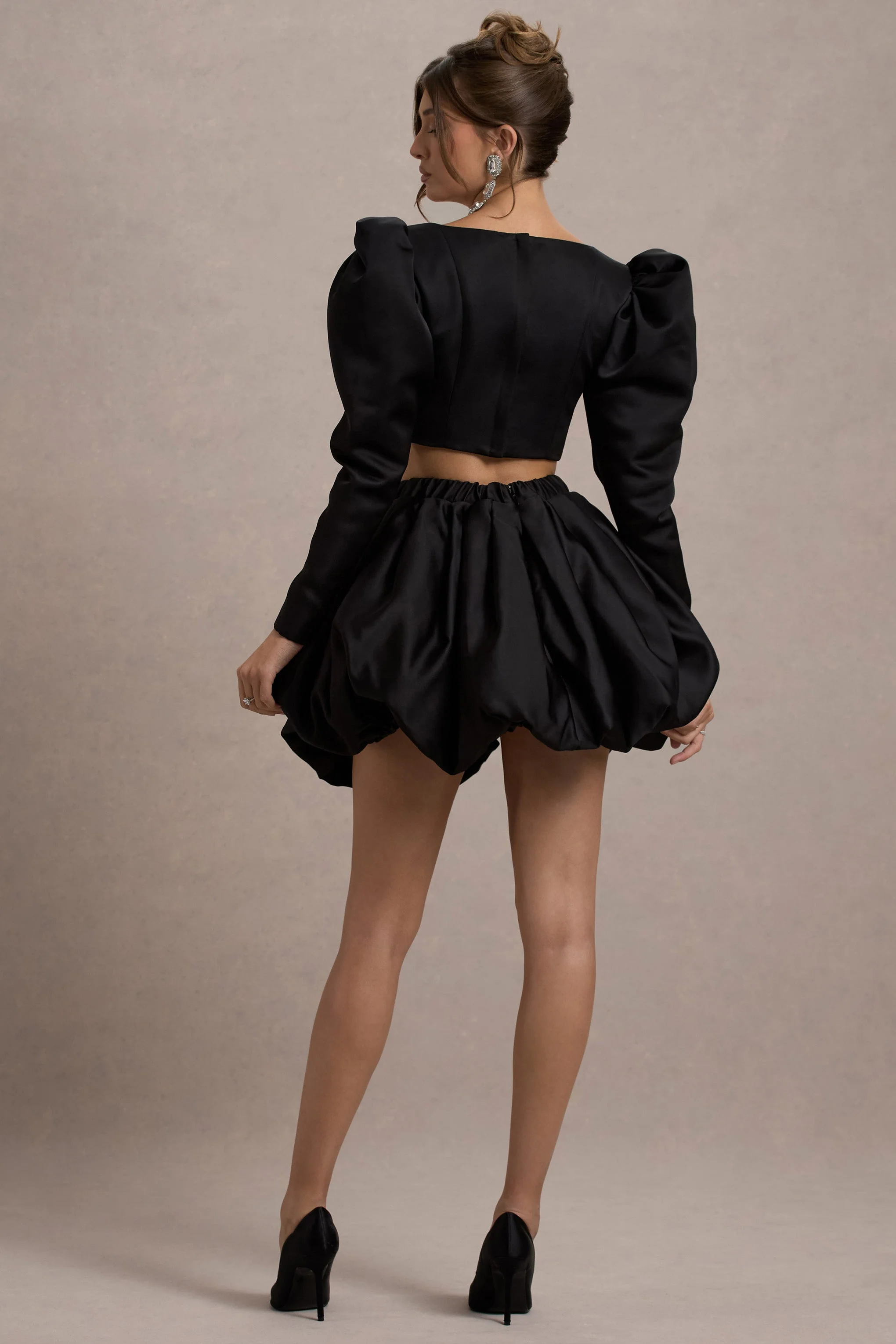 Tosca | Black Satin Bubble Mini Skirt - Image 2
