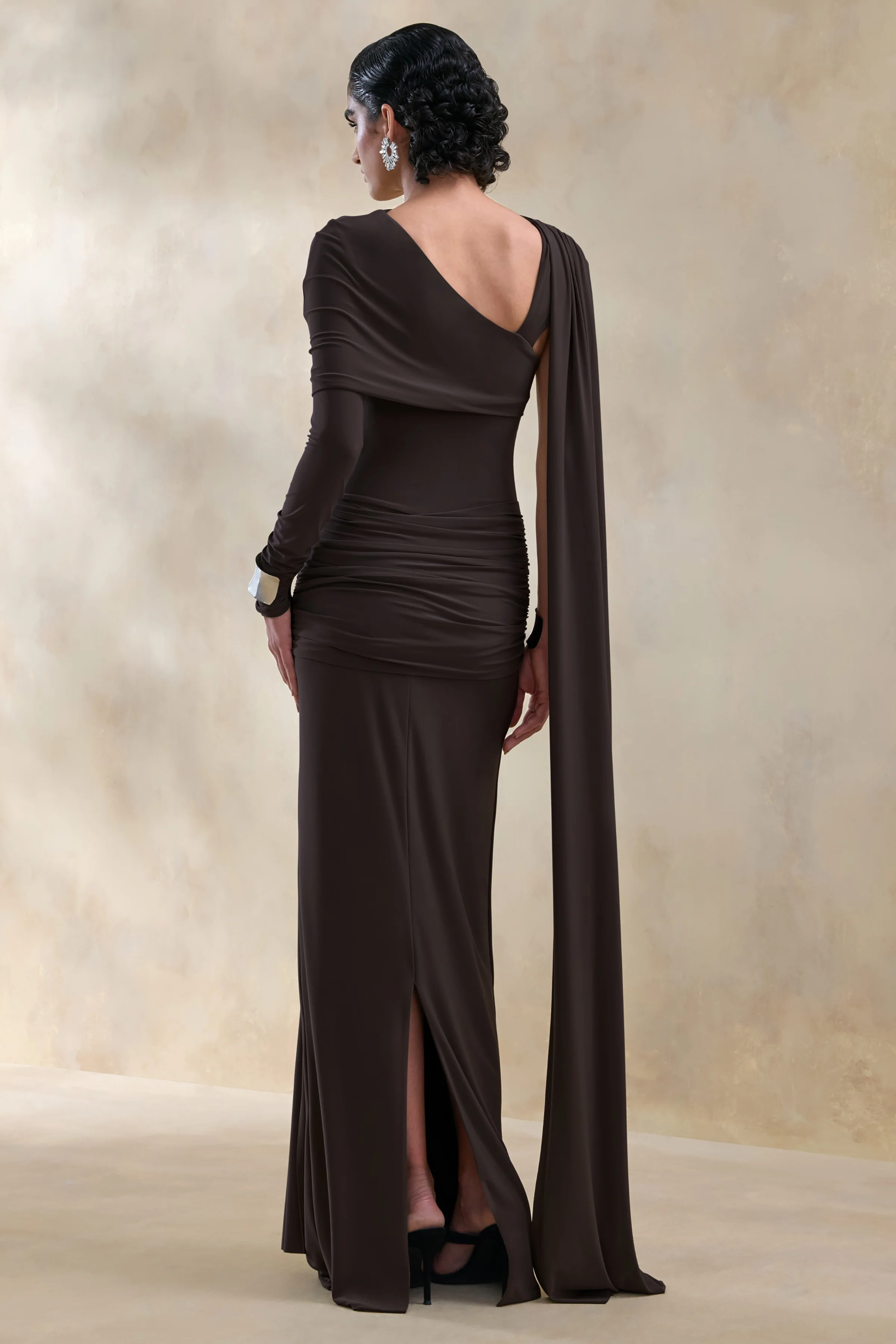 Trisara | Brown Asymmetric-Neck Maxi Dress With Gathered-Detailing And Sash - Image 2