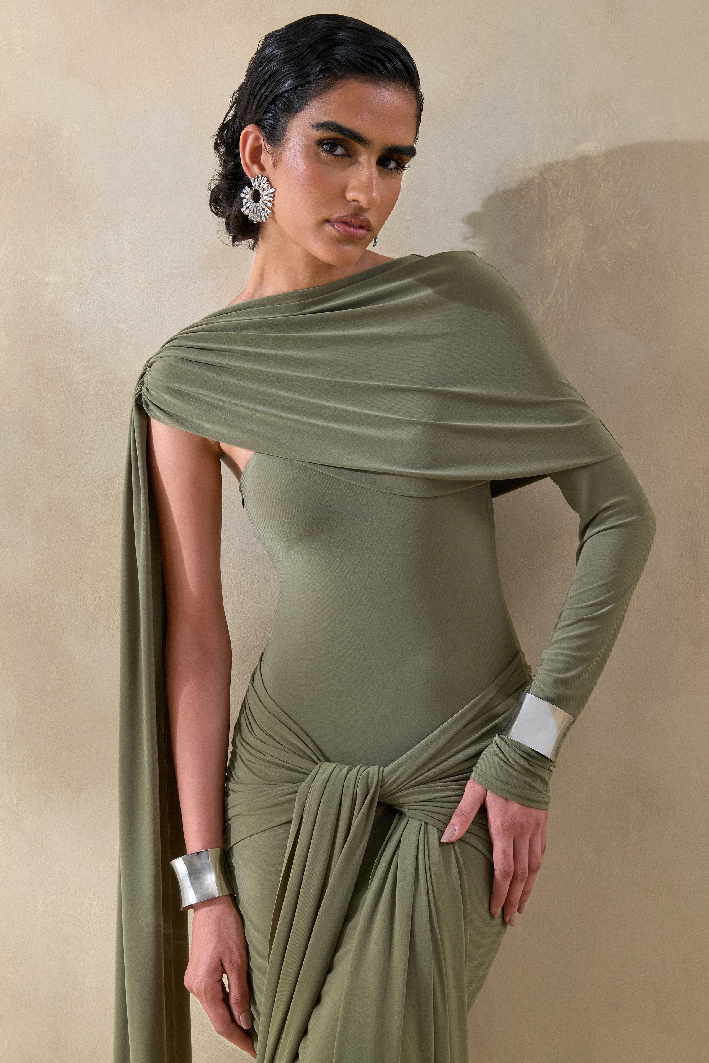 Trisara | Olive Asymmetric-Neck Maxi Dress With Gathered-Detailing And Sash - Image 3