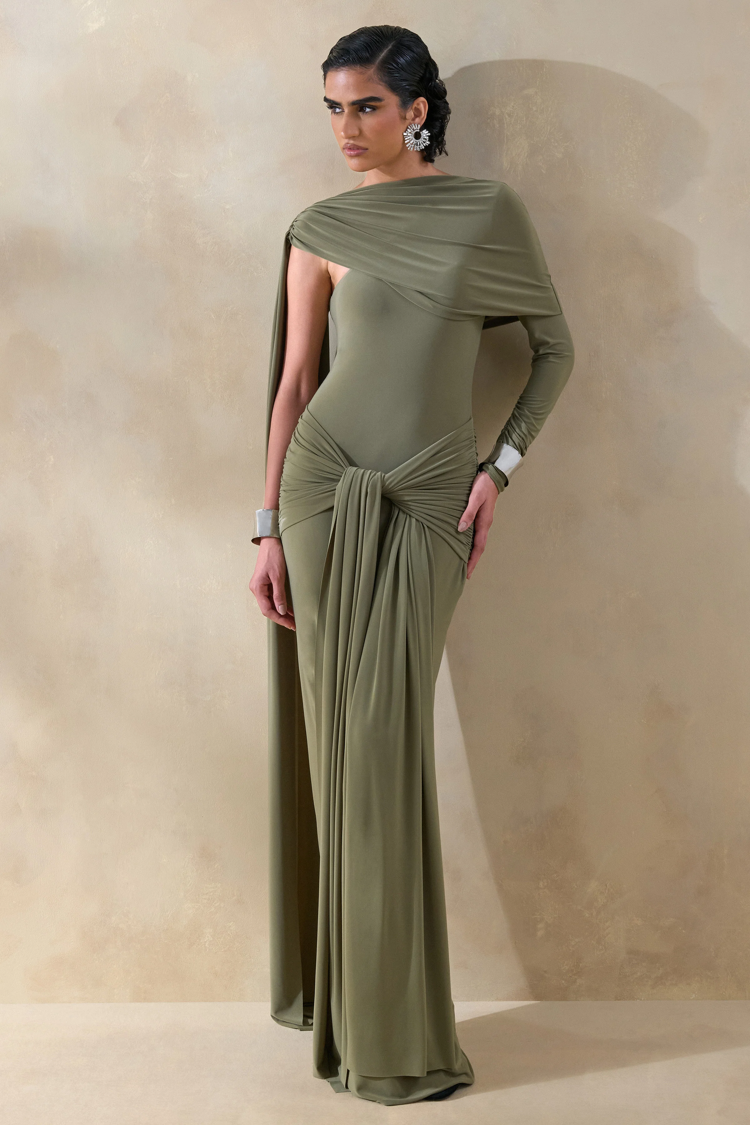 Trisara | Olive Asymmetric-Neck Maxi Dress With Gathered-Detailing And Sash - Image 4