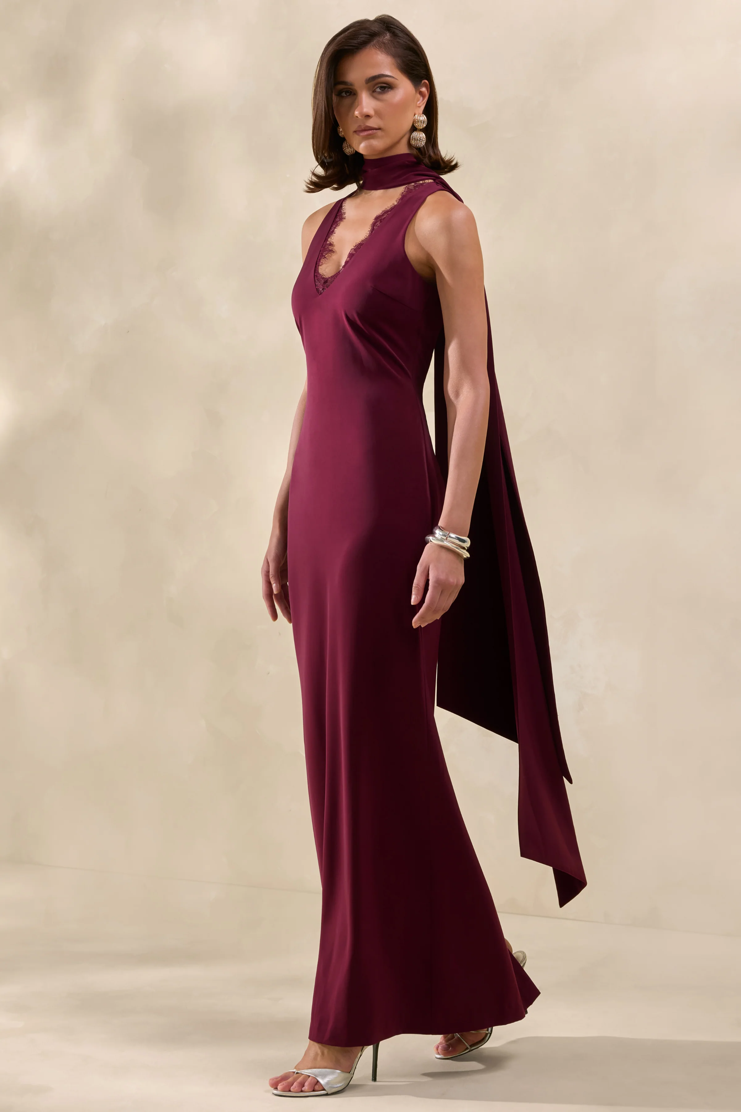 True Icon | Burgundy Satin High-Neck Maxi Slip Dress With Sash - Image 4
