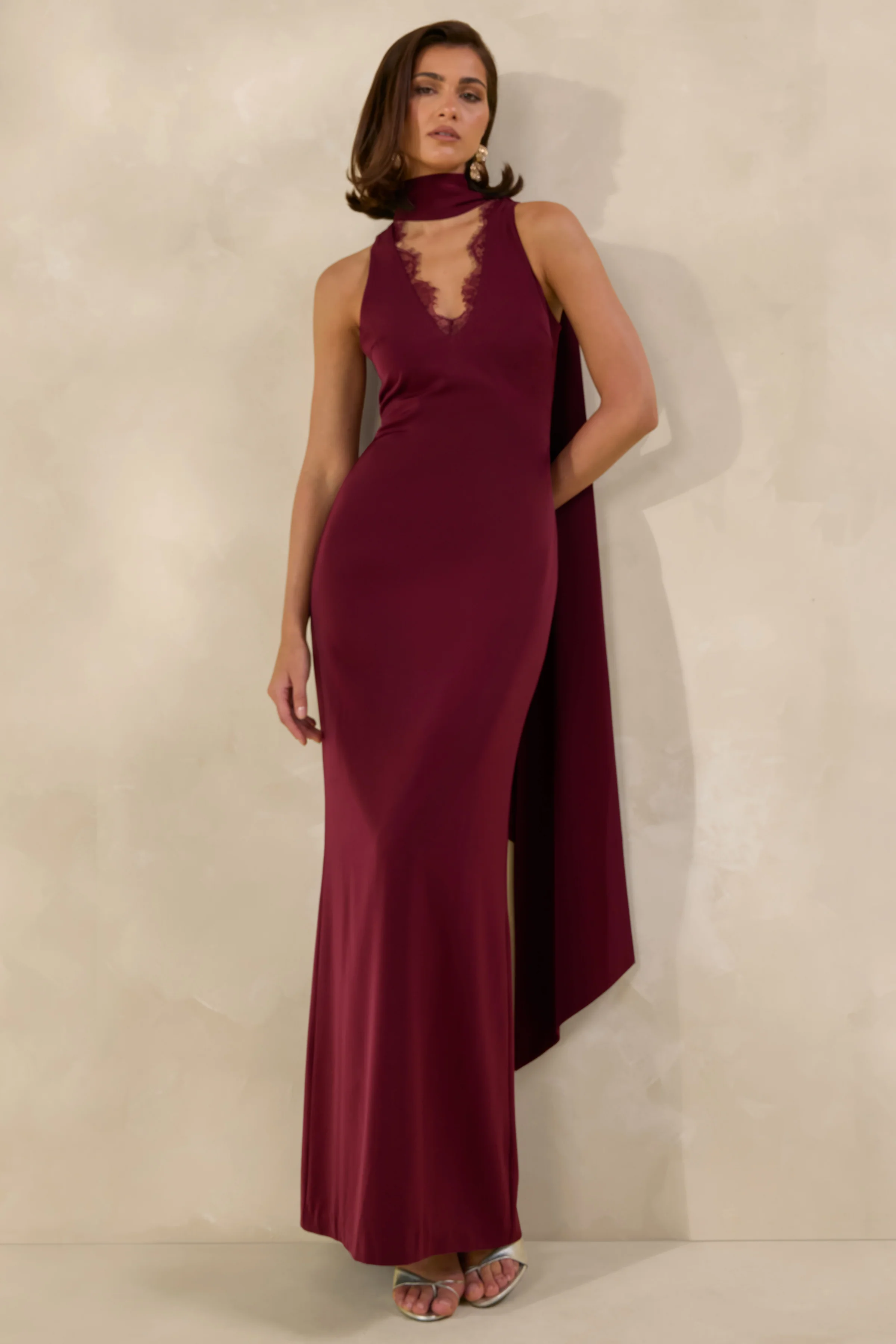 True Icon | Burgundy Satin High-Neck Maxi Slip Dress With Sash - Image 5