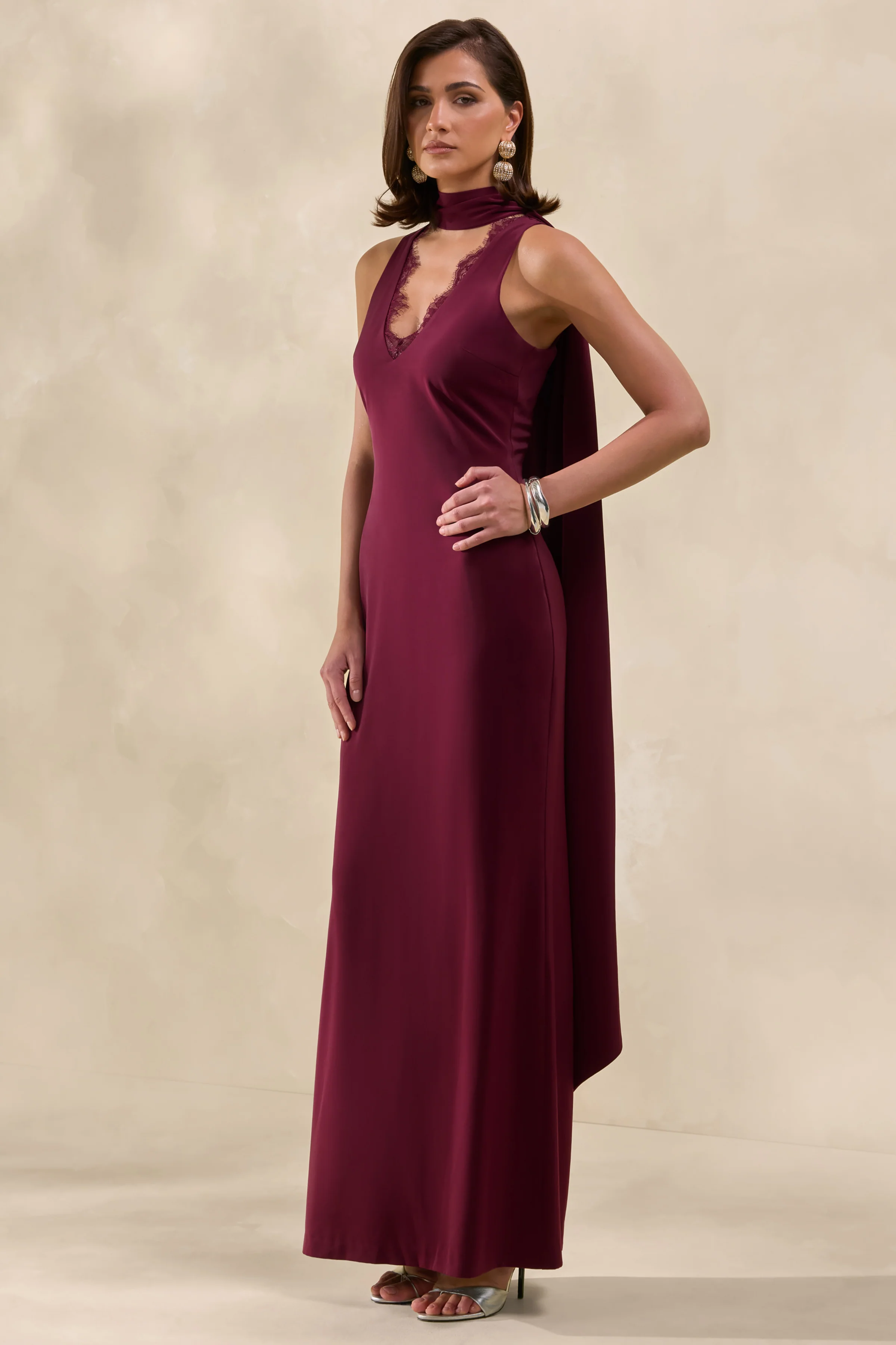 True Icon | Burgundy Satin High-Neck Maxi Slip Dress With Sash - Image 7