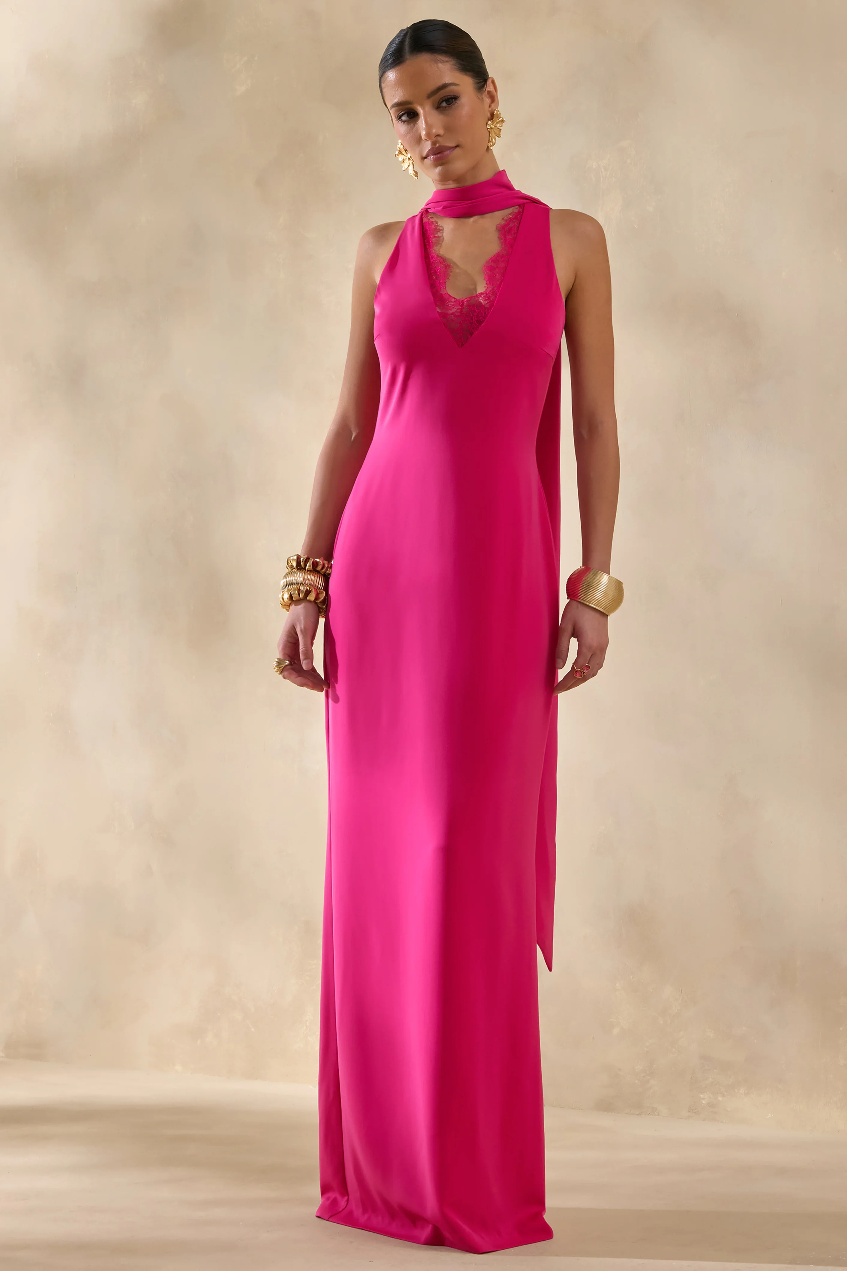 True Icon | Hot Pink Satin High-Neck Maxi Slip Dress With Sash - Image 4