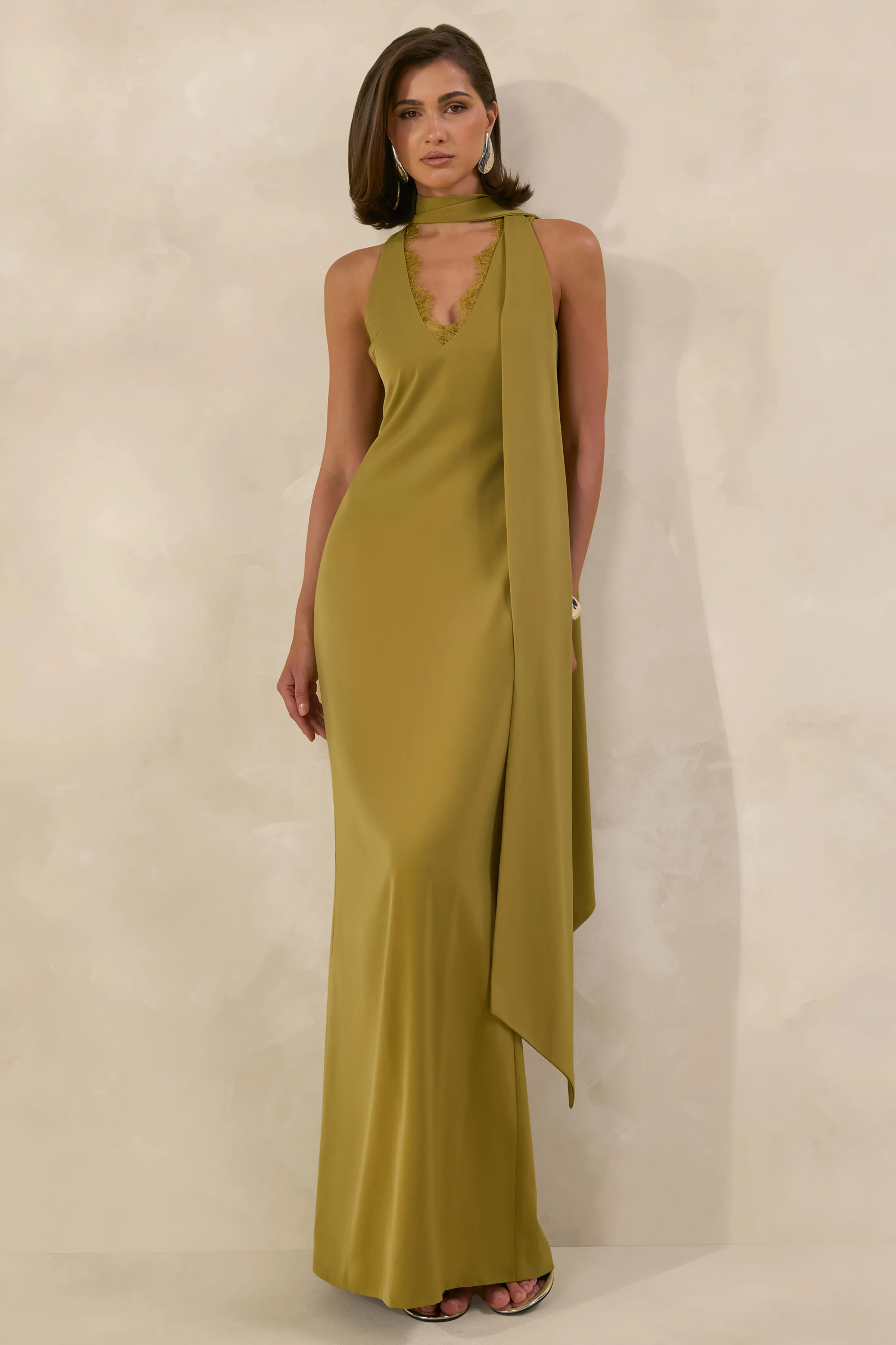 True Icon | Olive Satin High-Neck Maxi Slip Dress With Sash