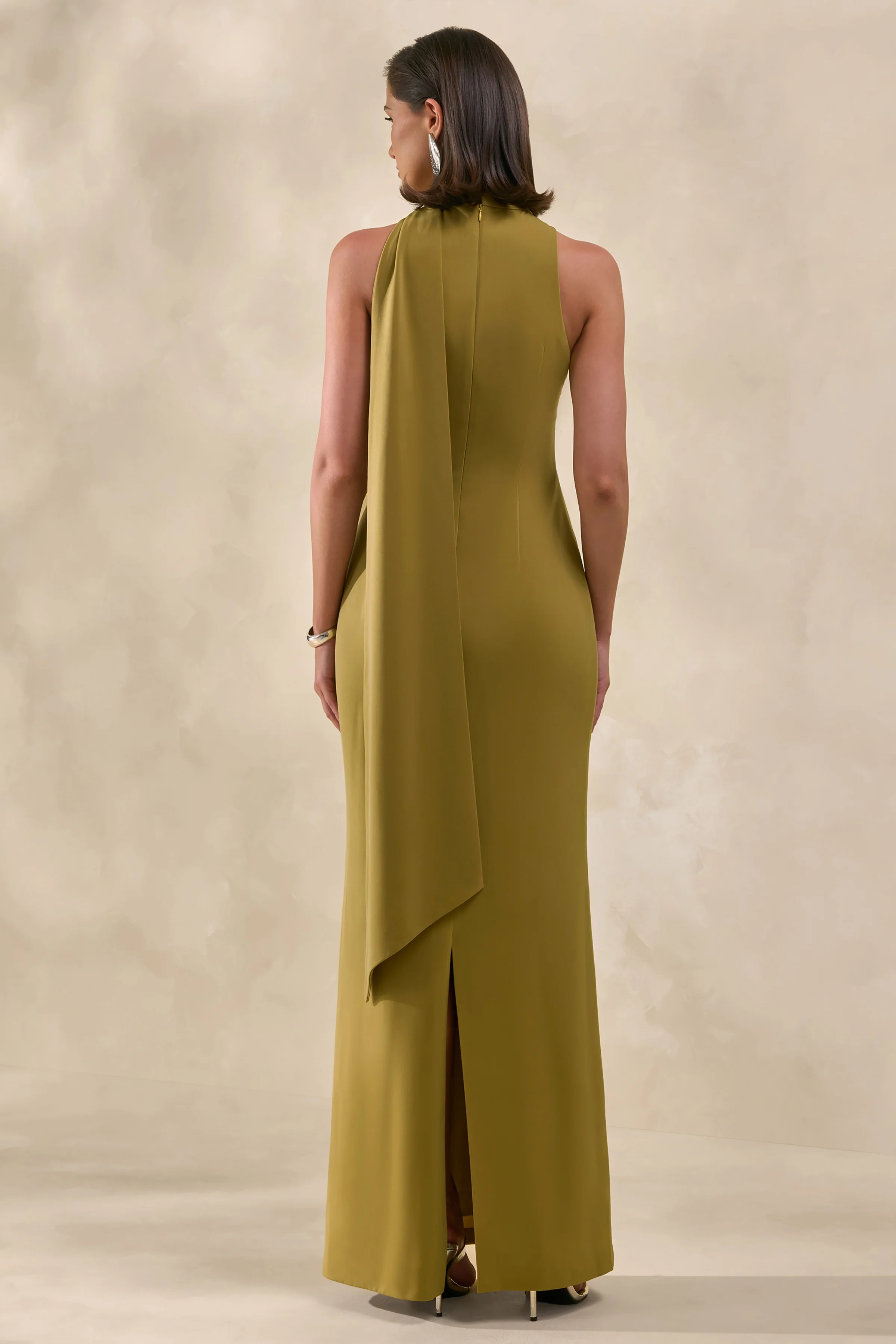 True Icon | Olive Satin High-Neck Maxi Slip Dress With Sash - Image 2