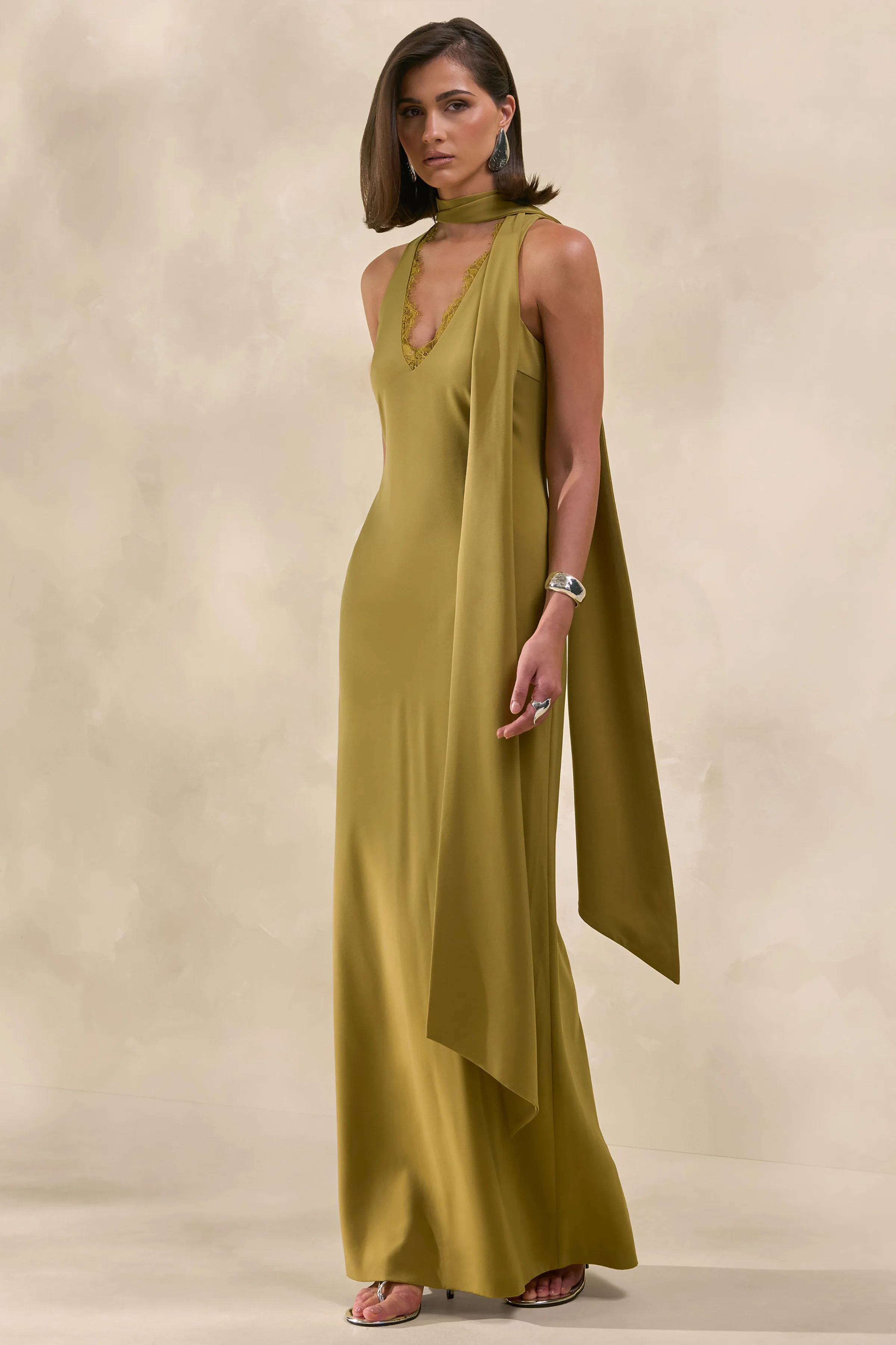 True Icon | Olive Satin High-Neck Maxi Slip Dress With Sash - Image 4