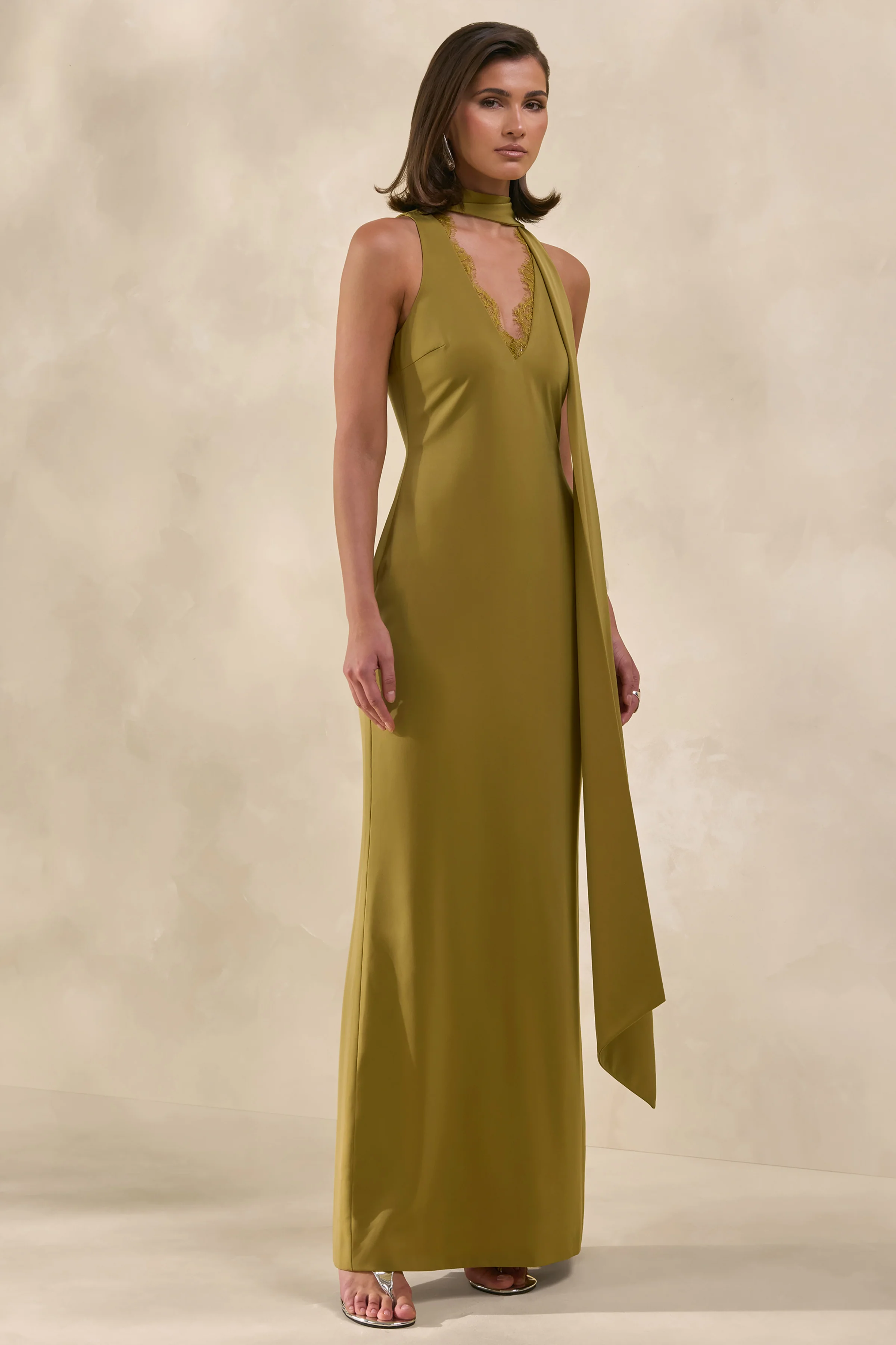 True Icon | Olive Satin High-Neck Maxi Slip Dress With Sash - Image 5