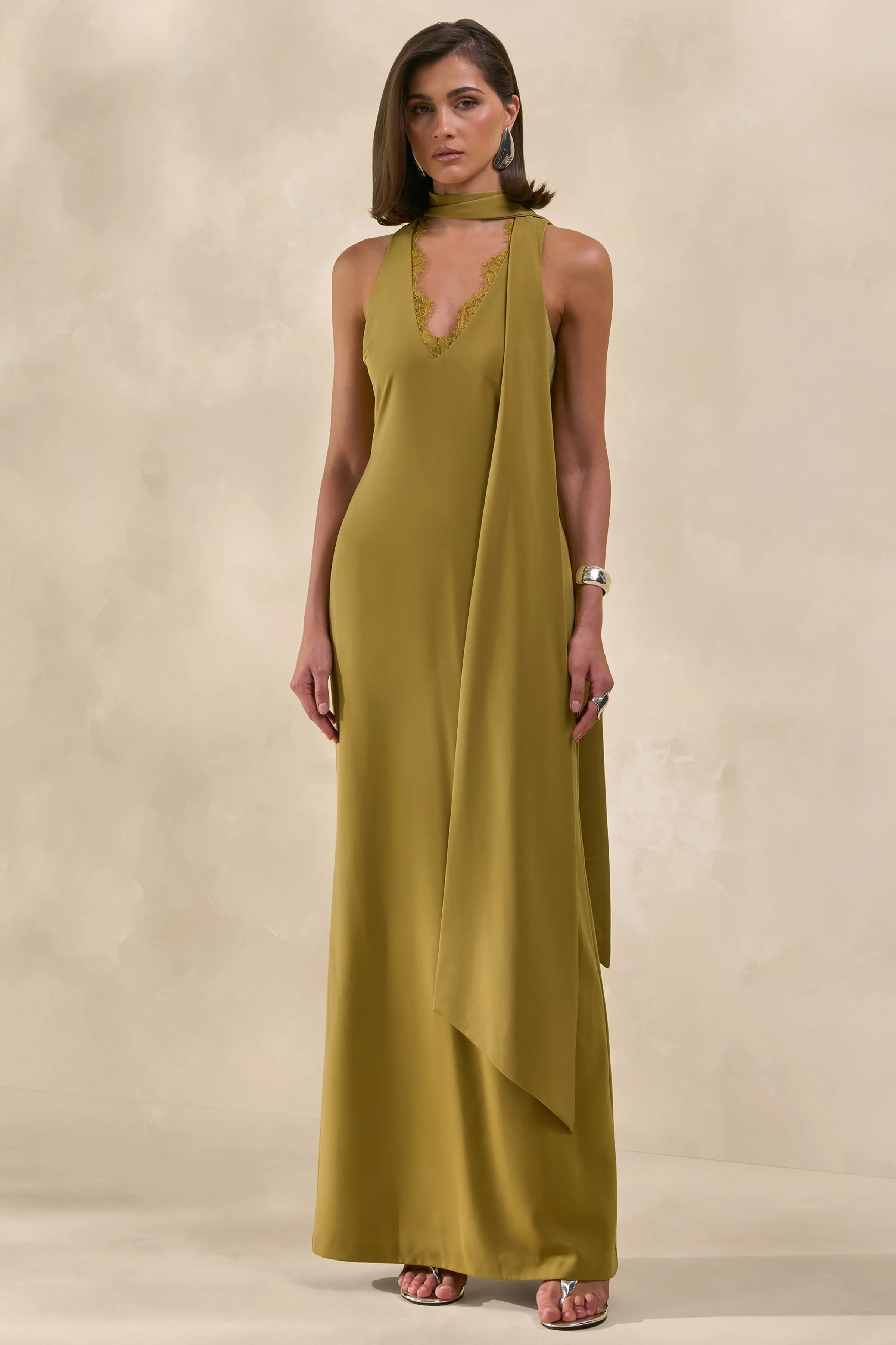 True Icon | Olive Satin High-Neck Maxi Slip Dress With Sash - Image 6