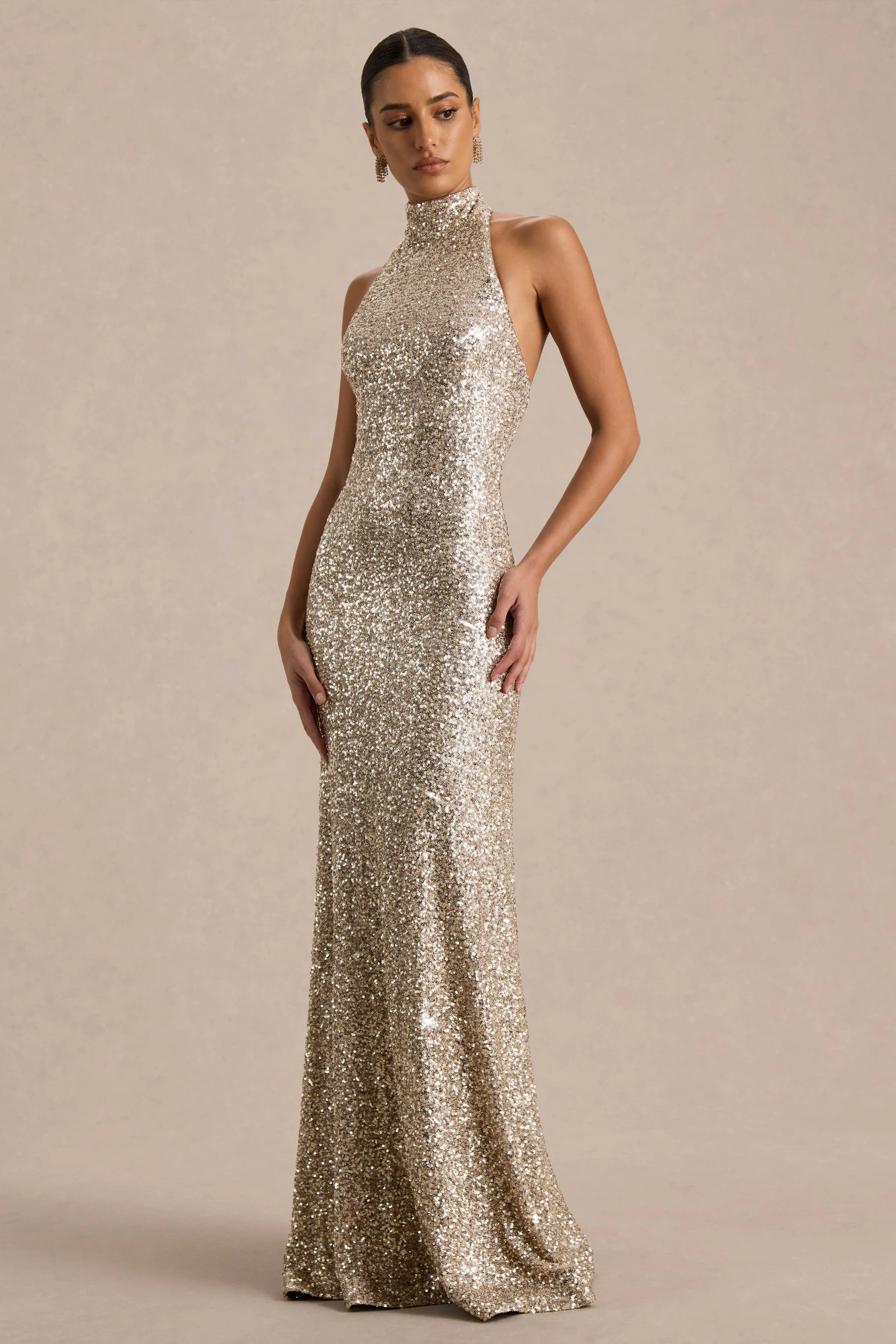 Tulia | Gold Sequin High-Neck Maxi Dress - Image 5