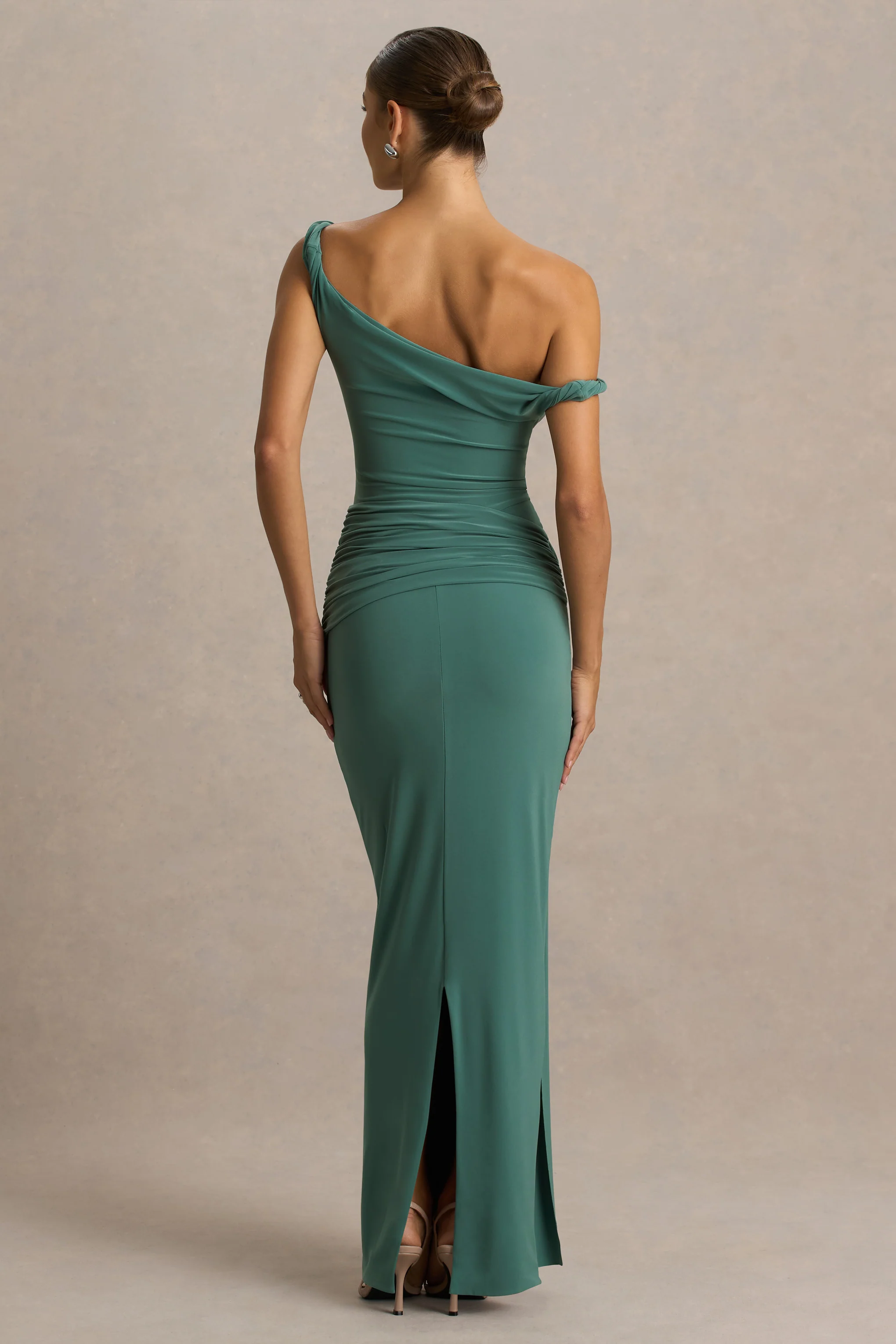 Tulisa | Green Asymmetric-Neck Maxi Dress With Twist Sleeves And Ruched Detailing - Image 2