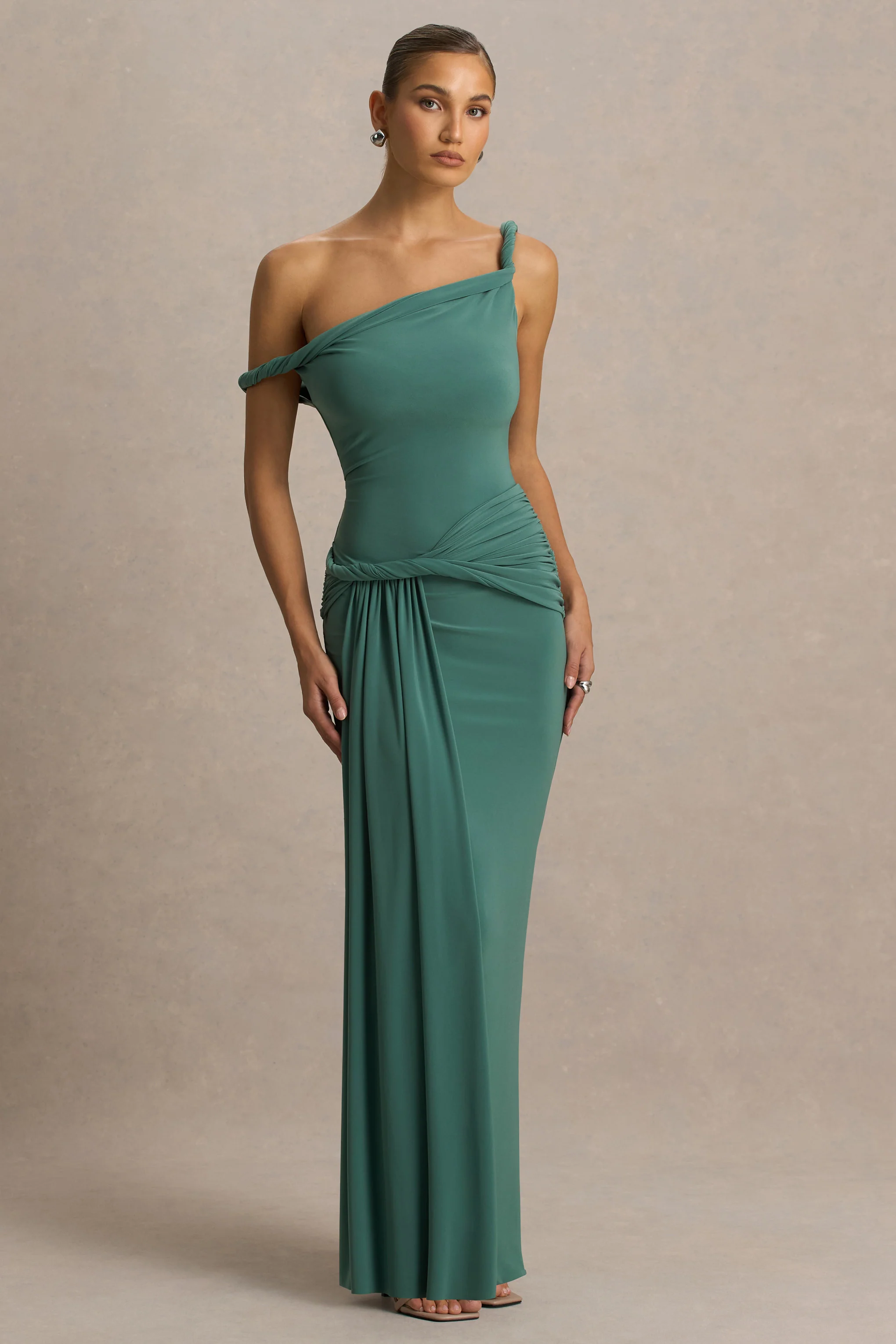 Tulisa | Green Asymmetric-Neck Maxi Dress With Twist Sleeves And Ruched Detailing - Image 4