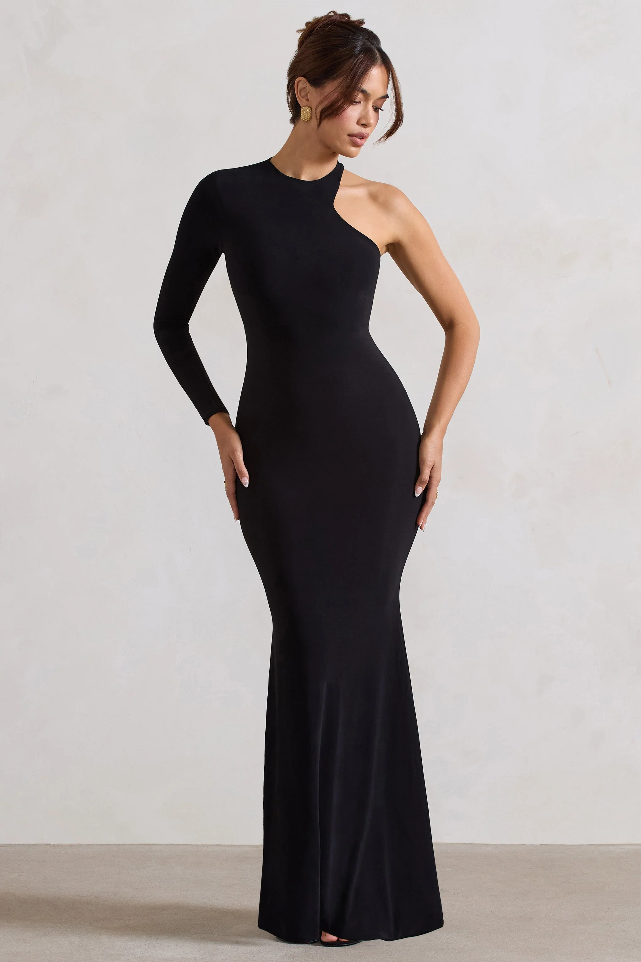 Tyra | Black Asymmetric Neck Cut Out Maxi Dress With Open Back Detail - Image 11
