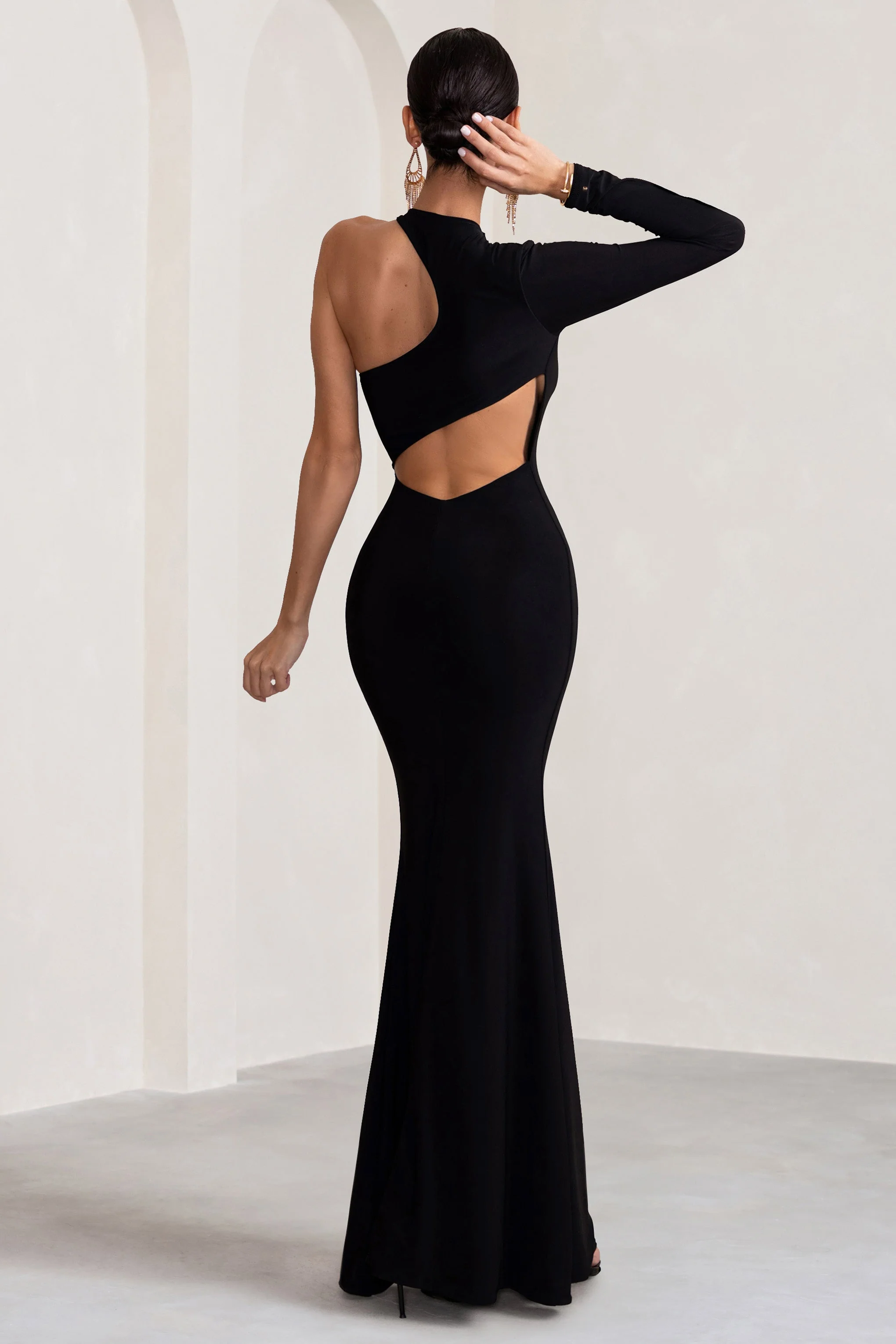 Tyra | Black Asymmetric Neck Cut Out Maxi Dress With Open Back Detail - Image 2