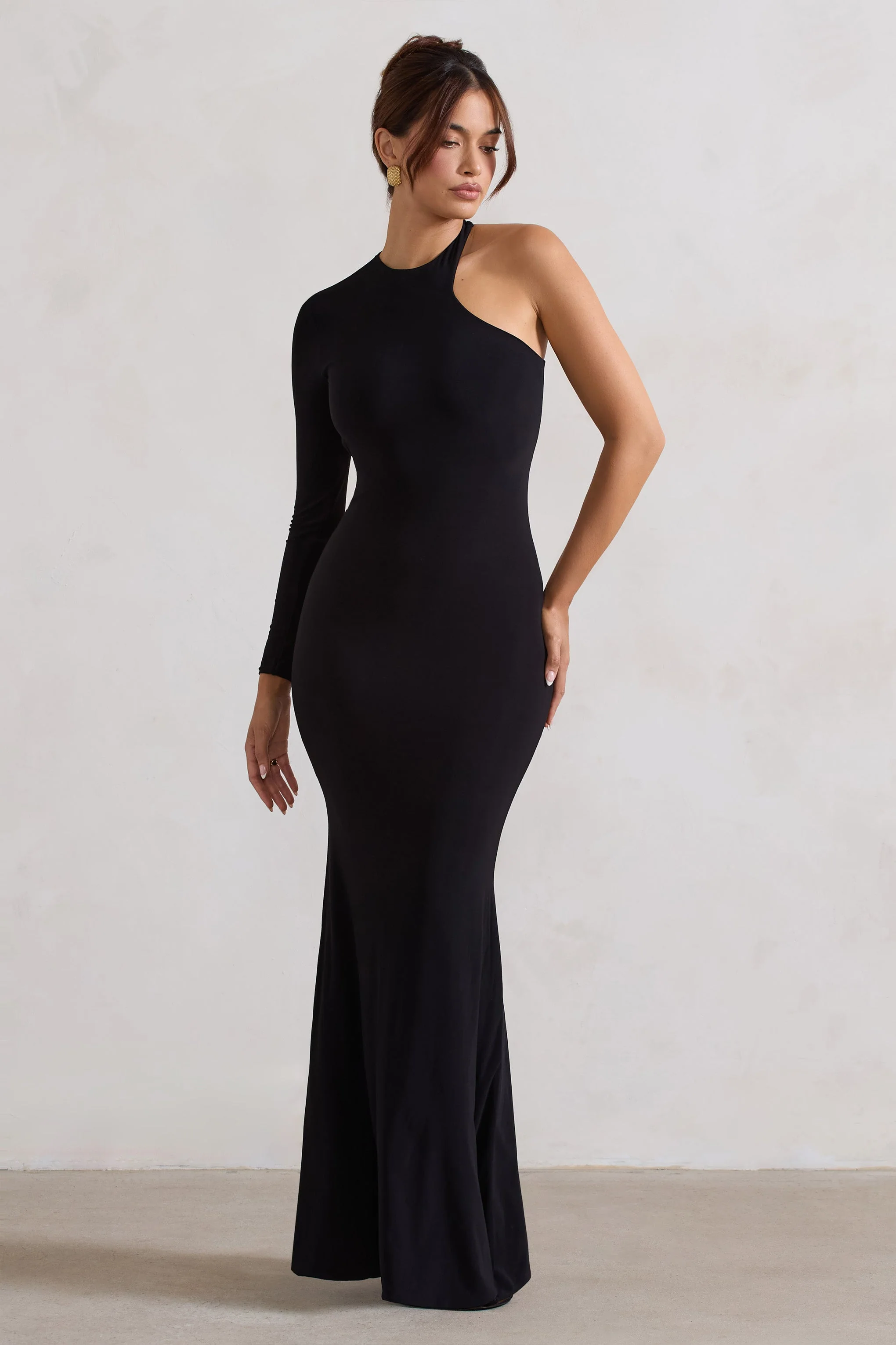 Tyra | Black Asymmetric Neck Cut Out Maxi Dress With Open Back Detail - Image 6