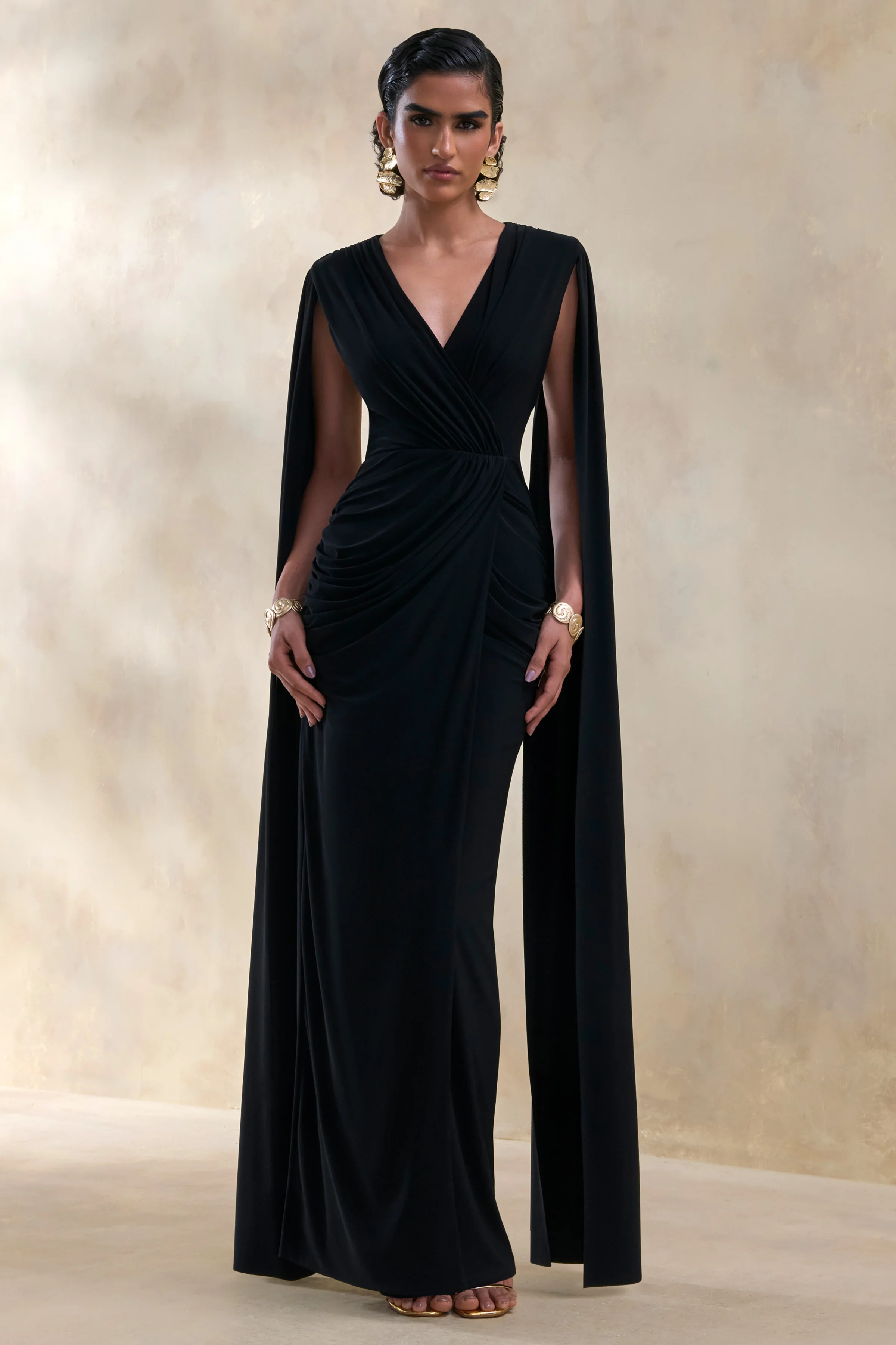 Ulissia | Black V-Neck Maxi Dress With Cape-Sleeves