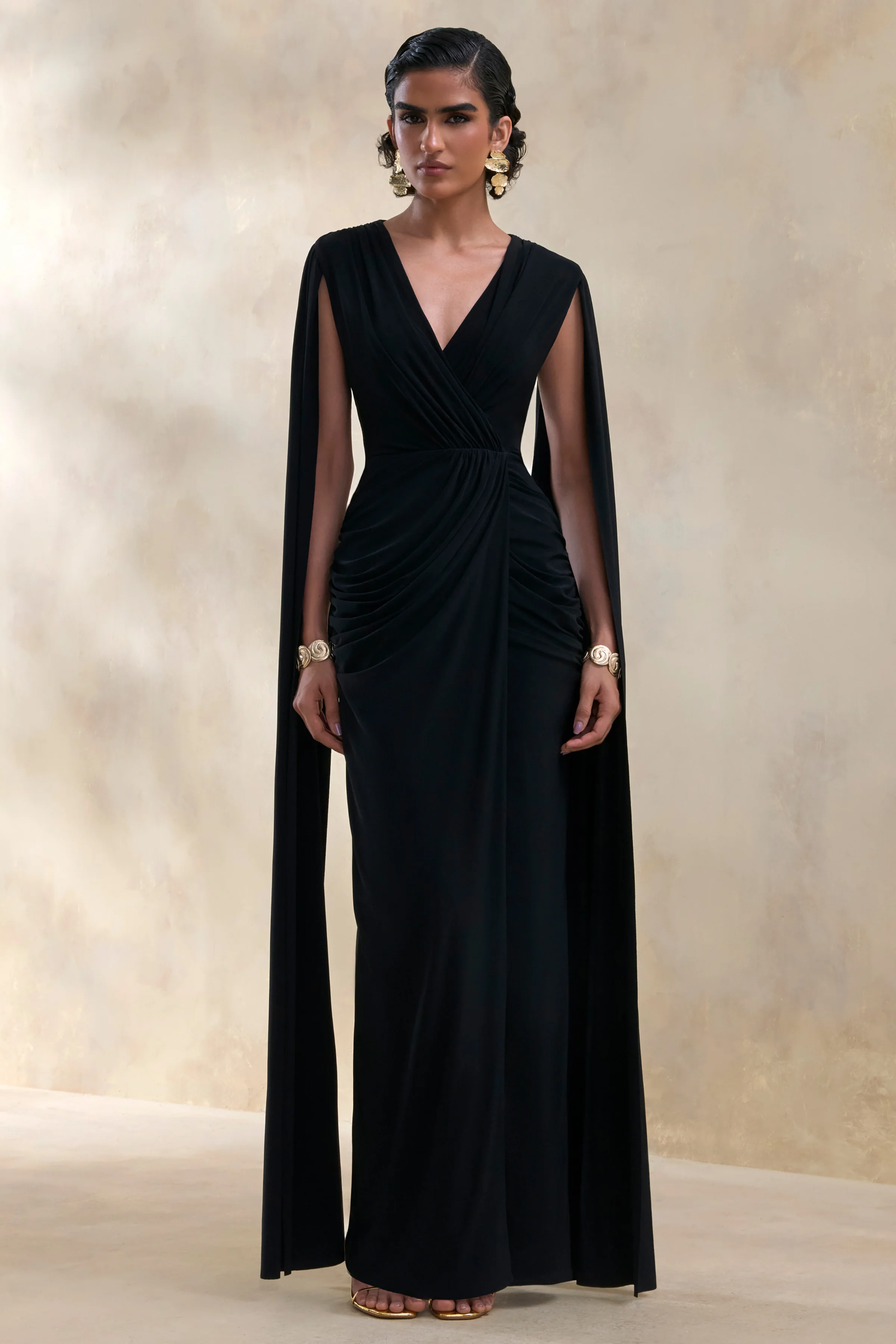 Ulissia | Black V-Neck Maxi Dress With Cape-Sleeves - Image 5