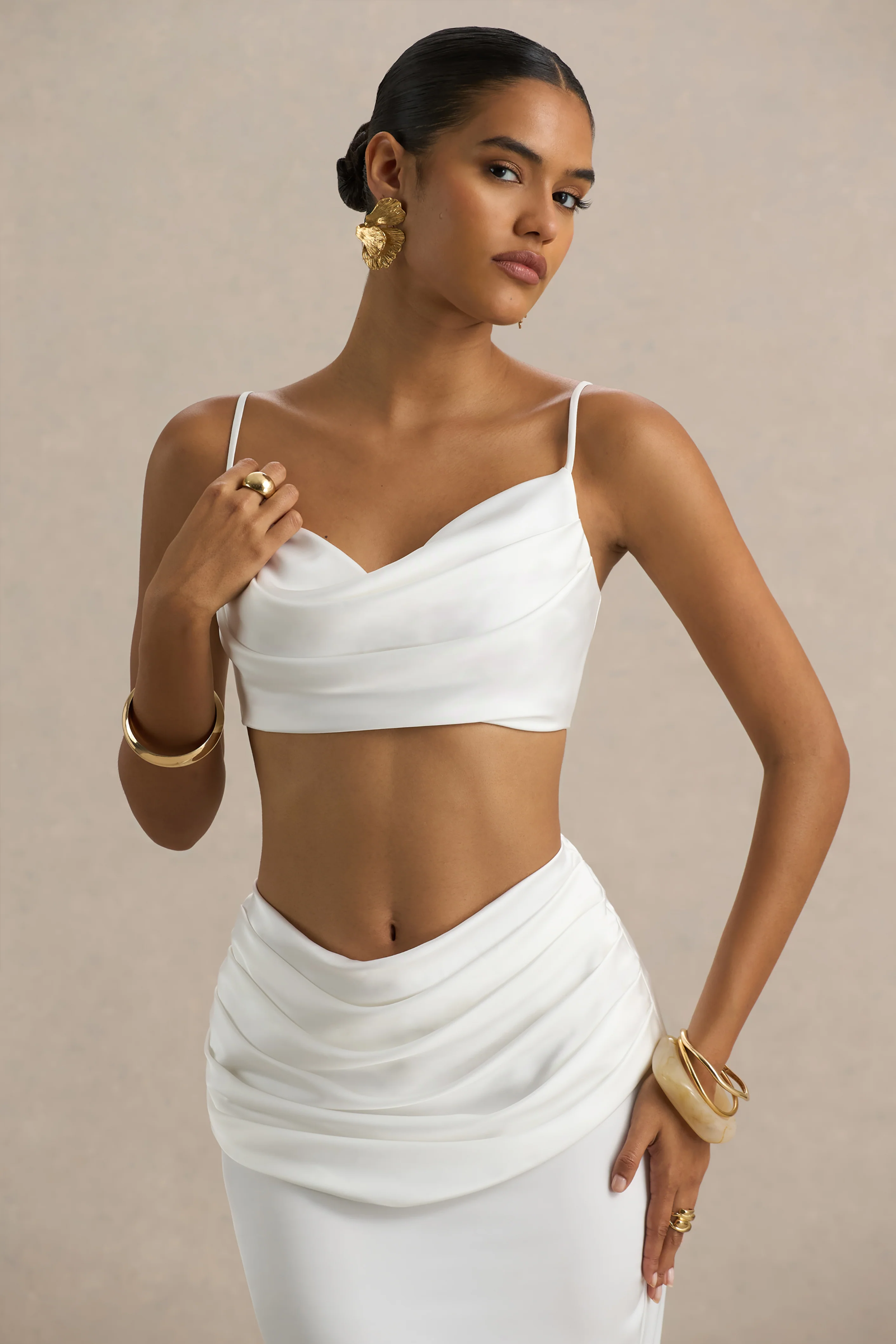 Una | White Ruched Cowl-Neck Crop Top - Image 4