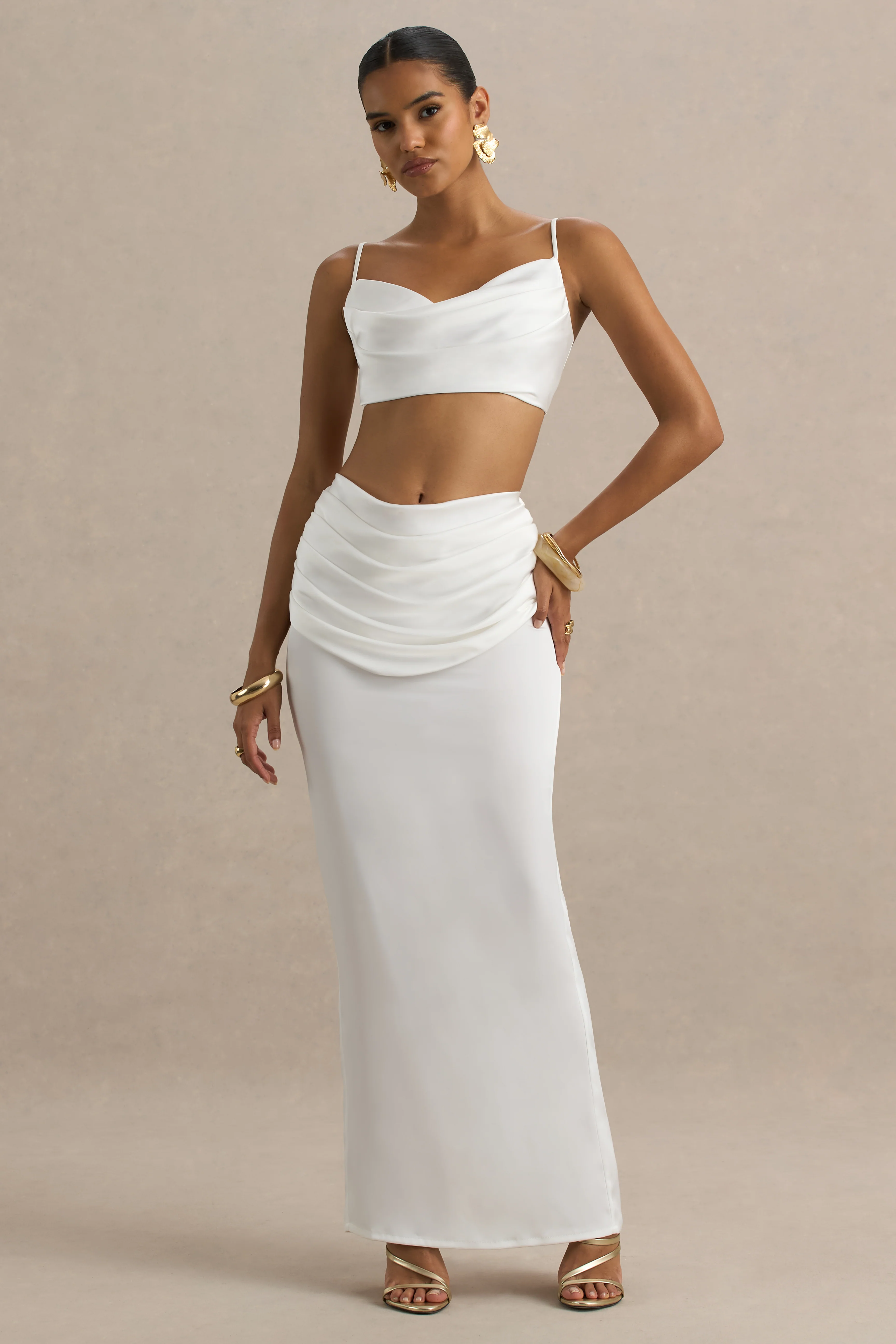 Una | White Ruched Cowl-Neck Crop Top - Image 5