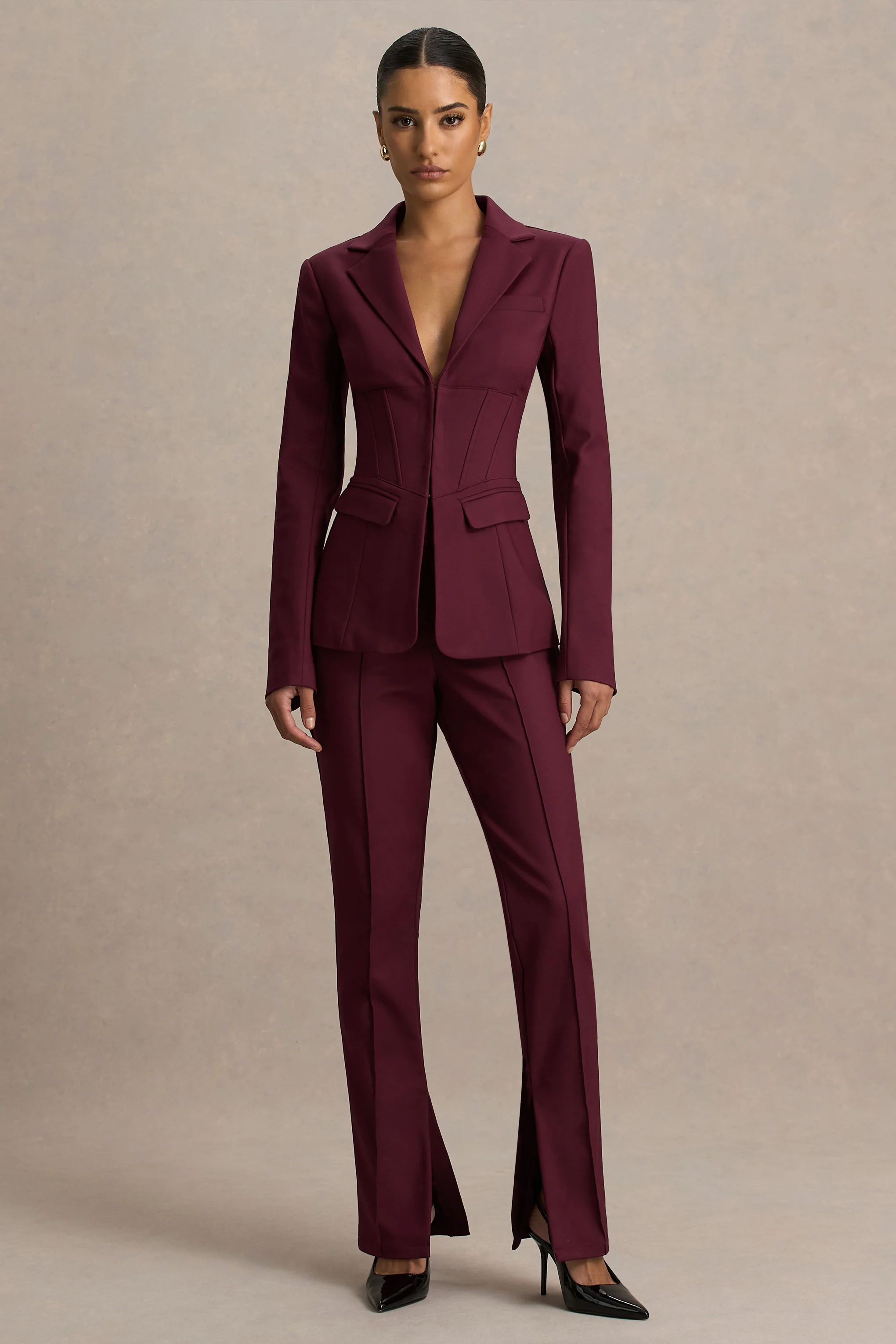Unbeaten | Burgundy Fitted Corset Blazer Jacket - Image 3