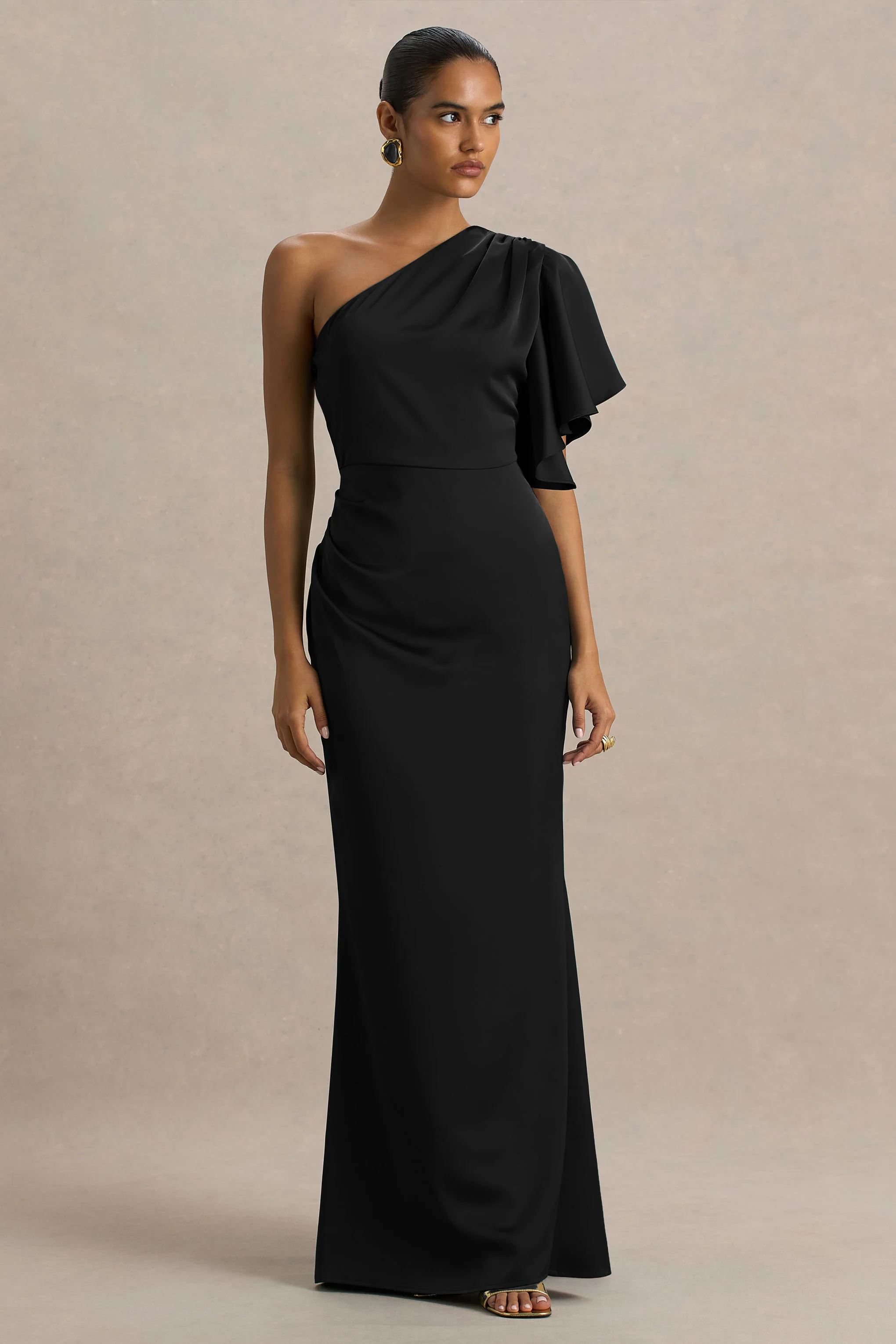 Unforgettable | Black Asymmetric-Neck Maxi Dress With Ruffled Detailing - Image 5