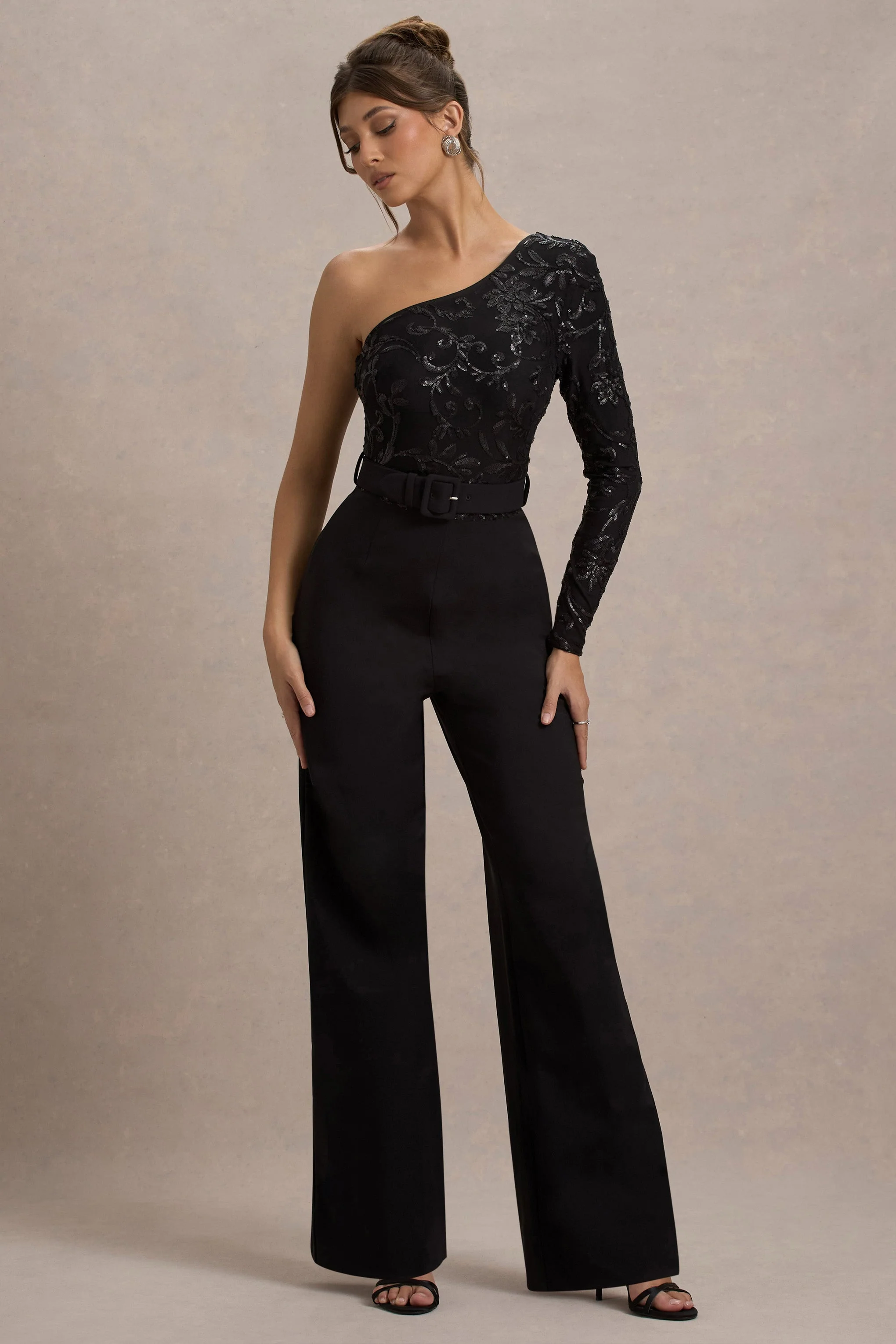 Upgrade | Black Lace Asymmetric Belted Wide-Leg Jumpsuit - Image 4