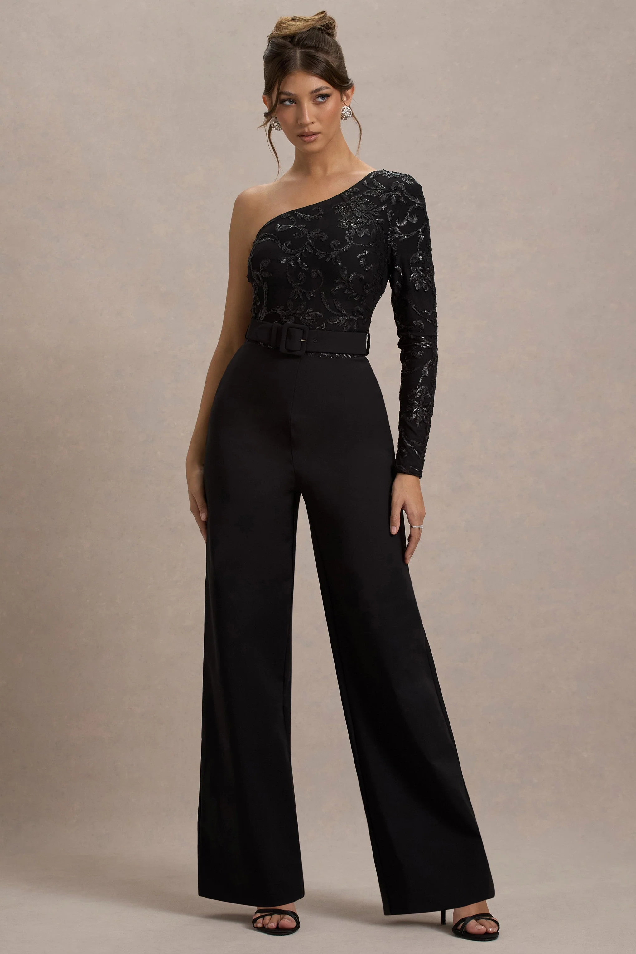 Upgrade | Black Lace Asymmetric Belted Wide-Leg Jumpsuit - Image 6