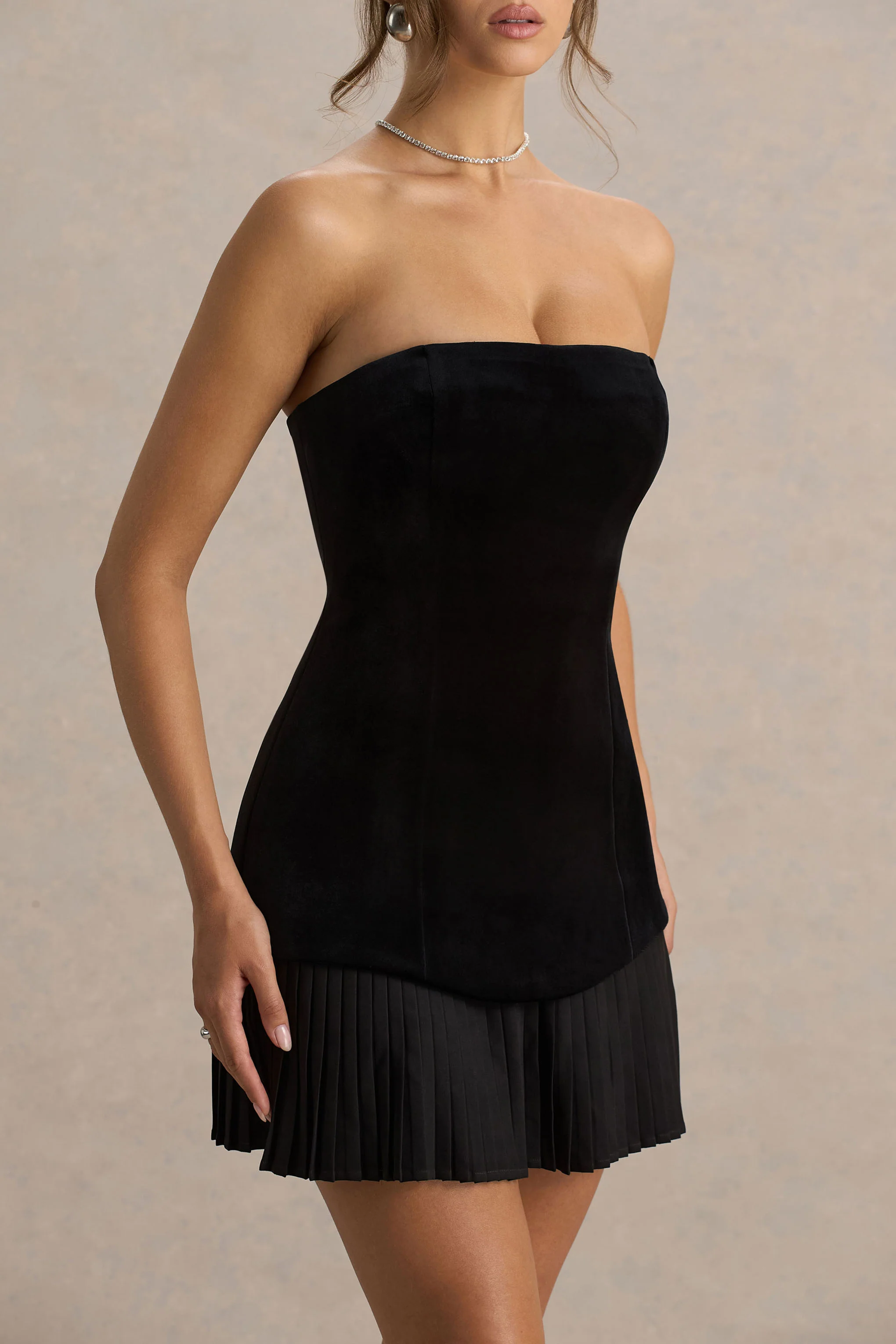 Valentina | Black Velvet Bandeau Mini Dress With Pleated Detailing - Image 3