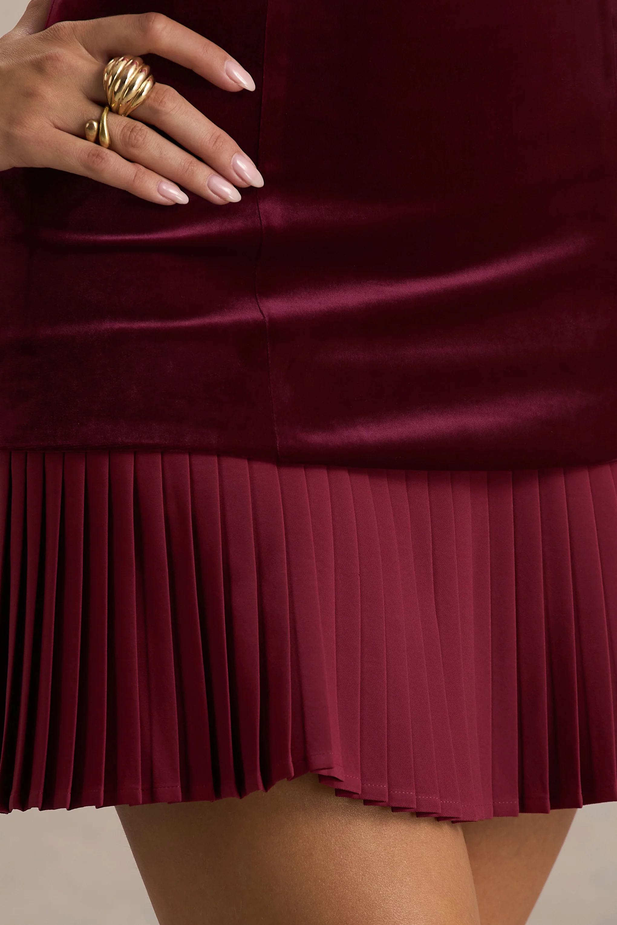 Valentina | Burgundy Velvet Bandeau Mini Dress With Pleated Detailing - Image 7