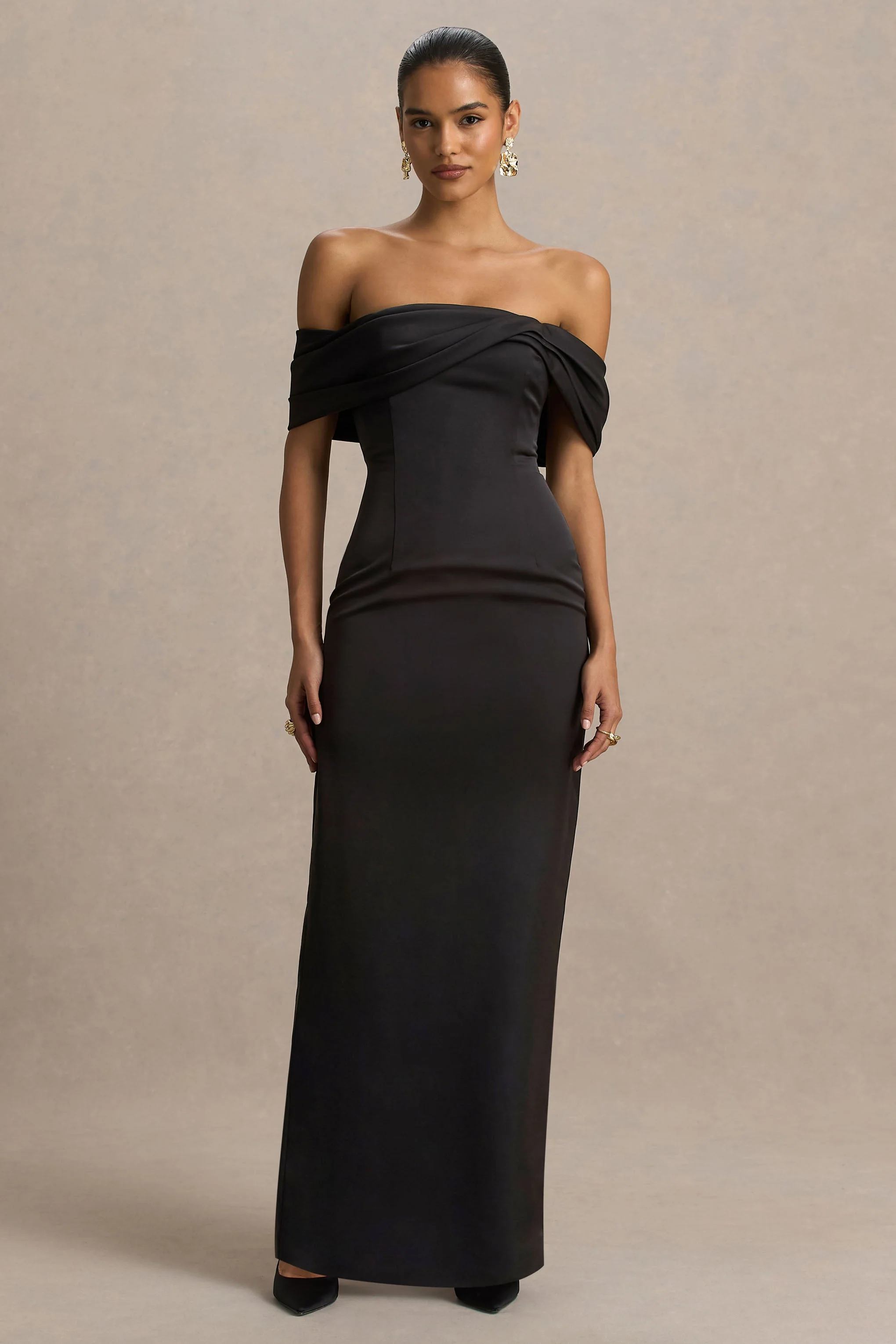 Valeria | Black Satin Twist-Bardot Neck Maxi Dress - Image 4