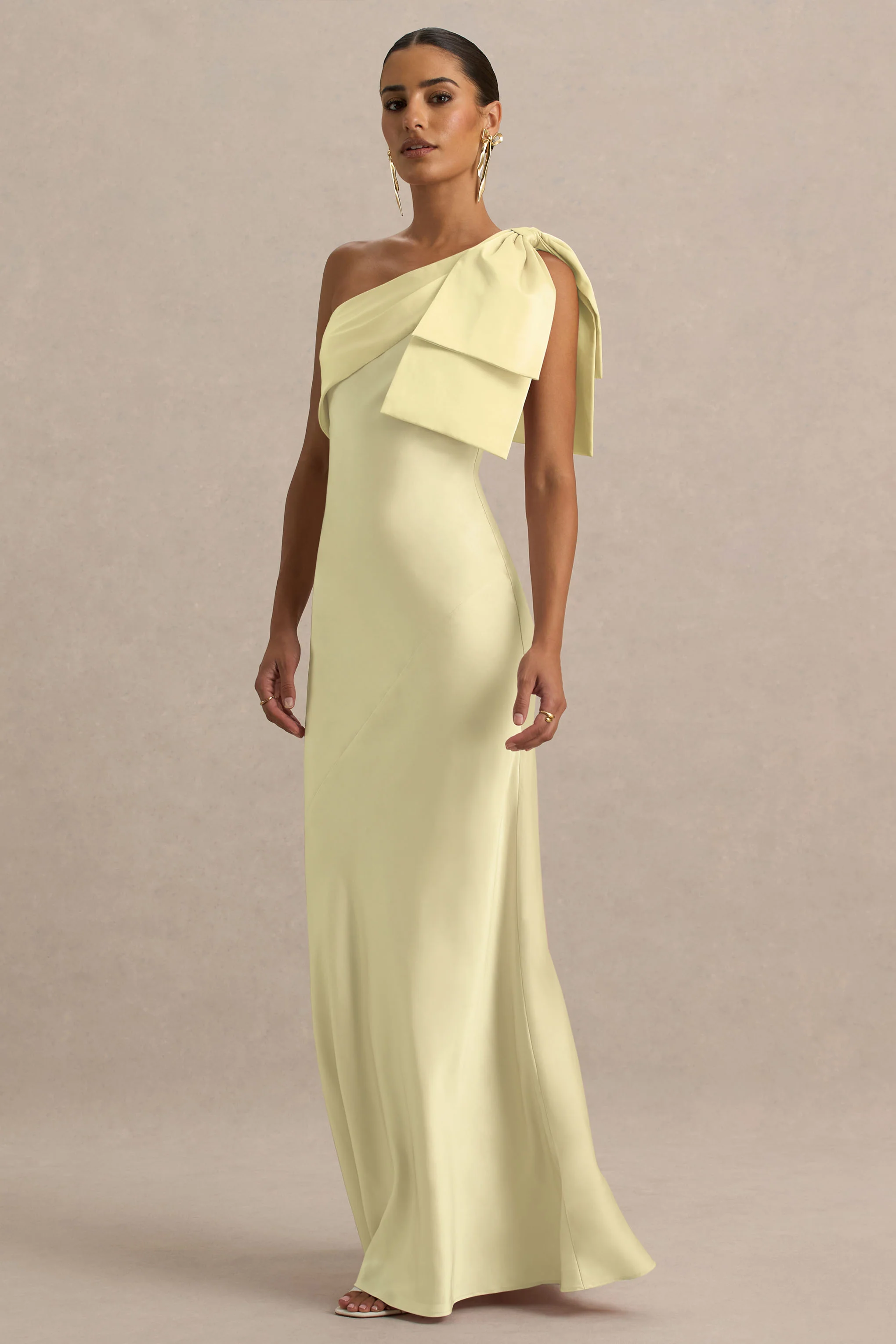 Valerie | Lemon Satin Asymmetric-Neck Maxi Dress With Bow Detail - Image 5