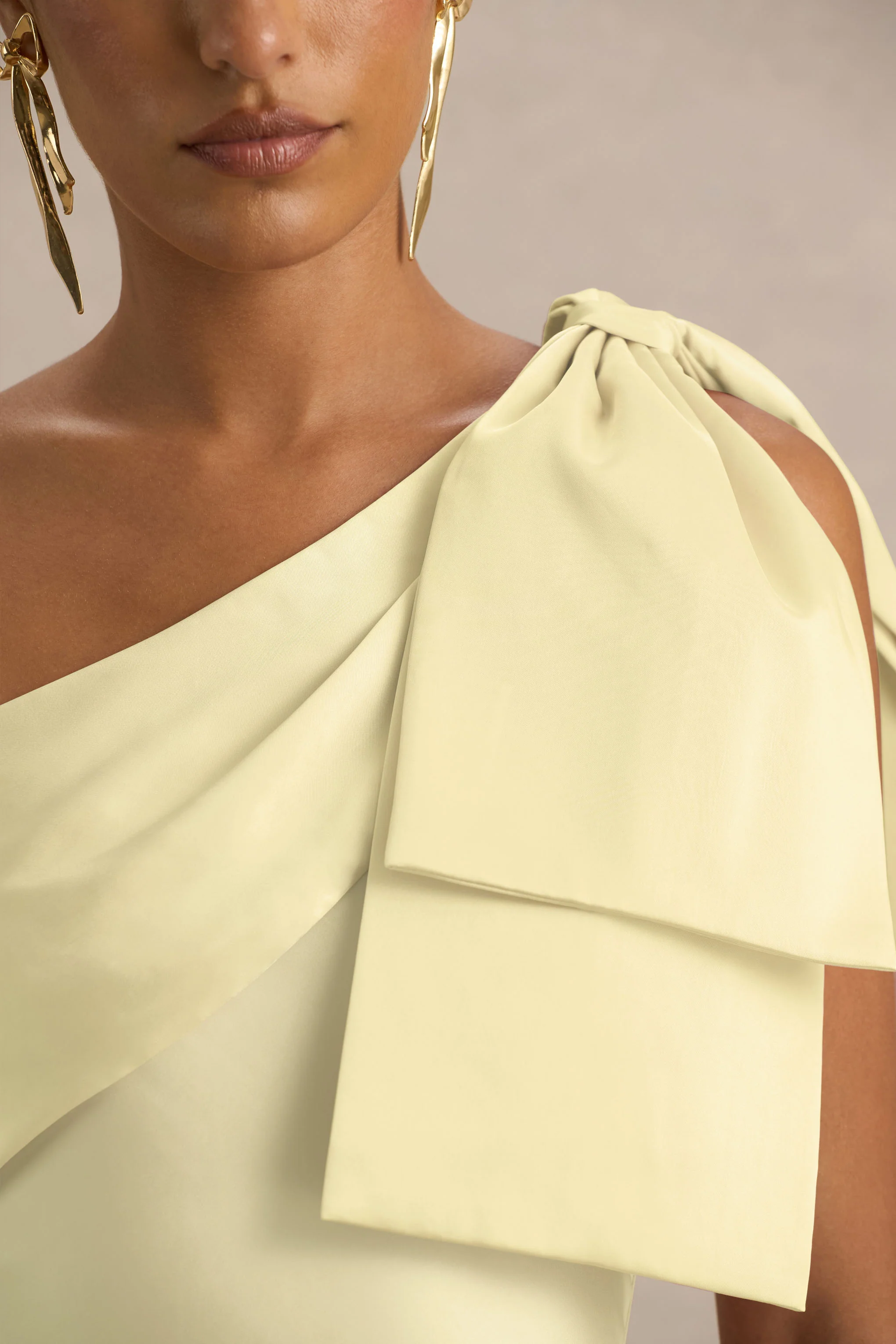 Valerie | Lemon Satin Asymmetric-Neck Maxi Dress With Bow Detail - Image 7