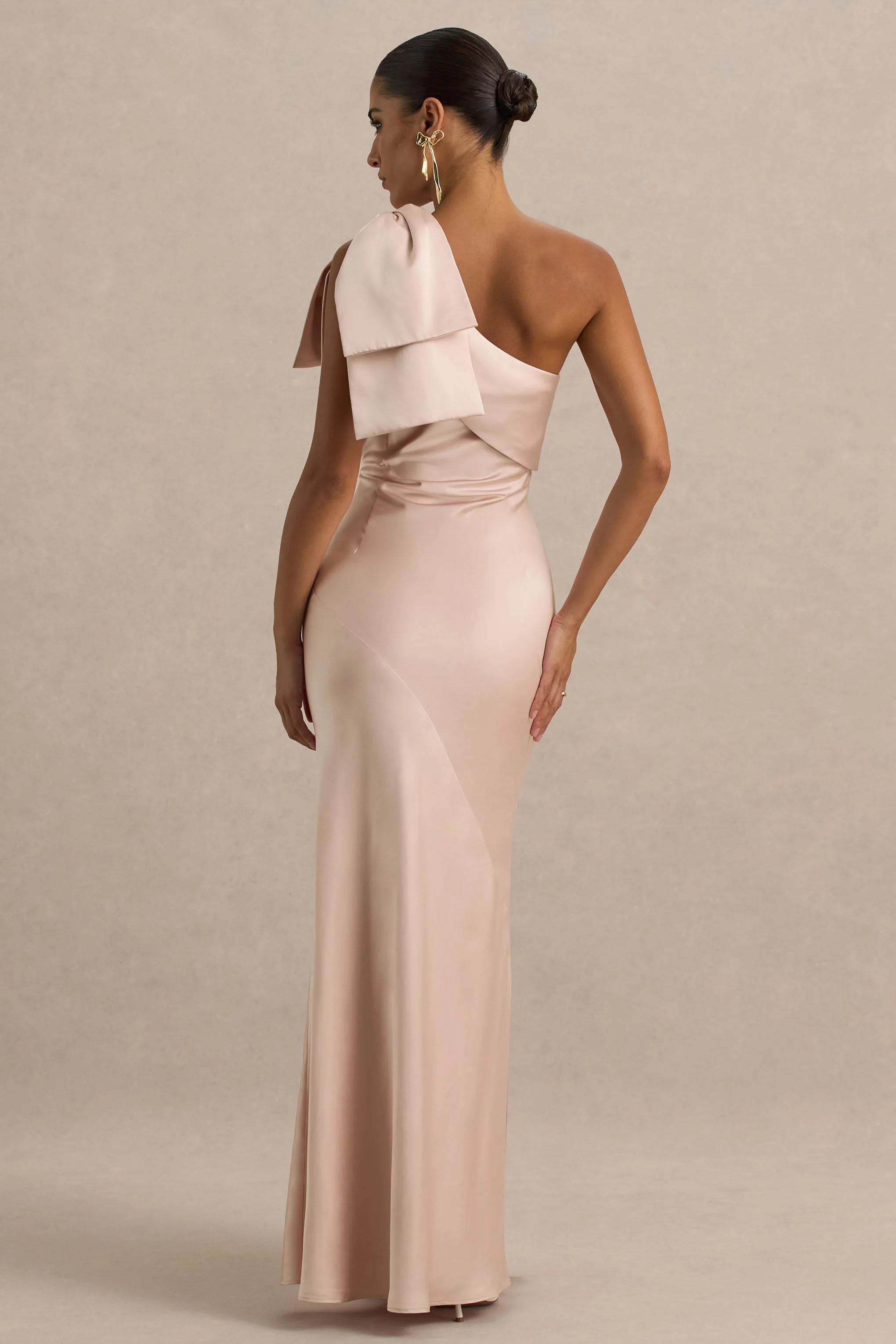 Valerie | Light Pink Satin Asymmetric-Neck Maxi Dress With Bow Detail - Image 2