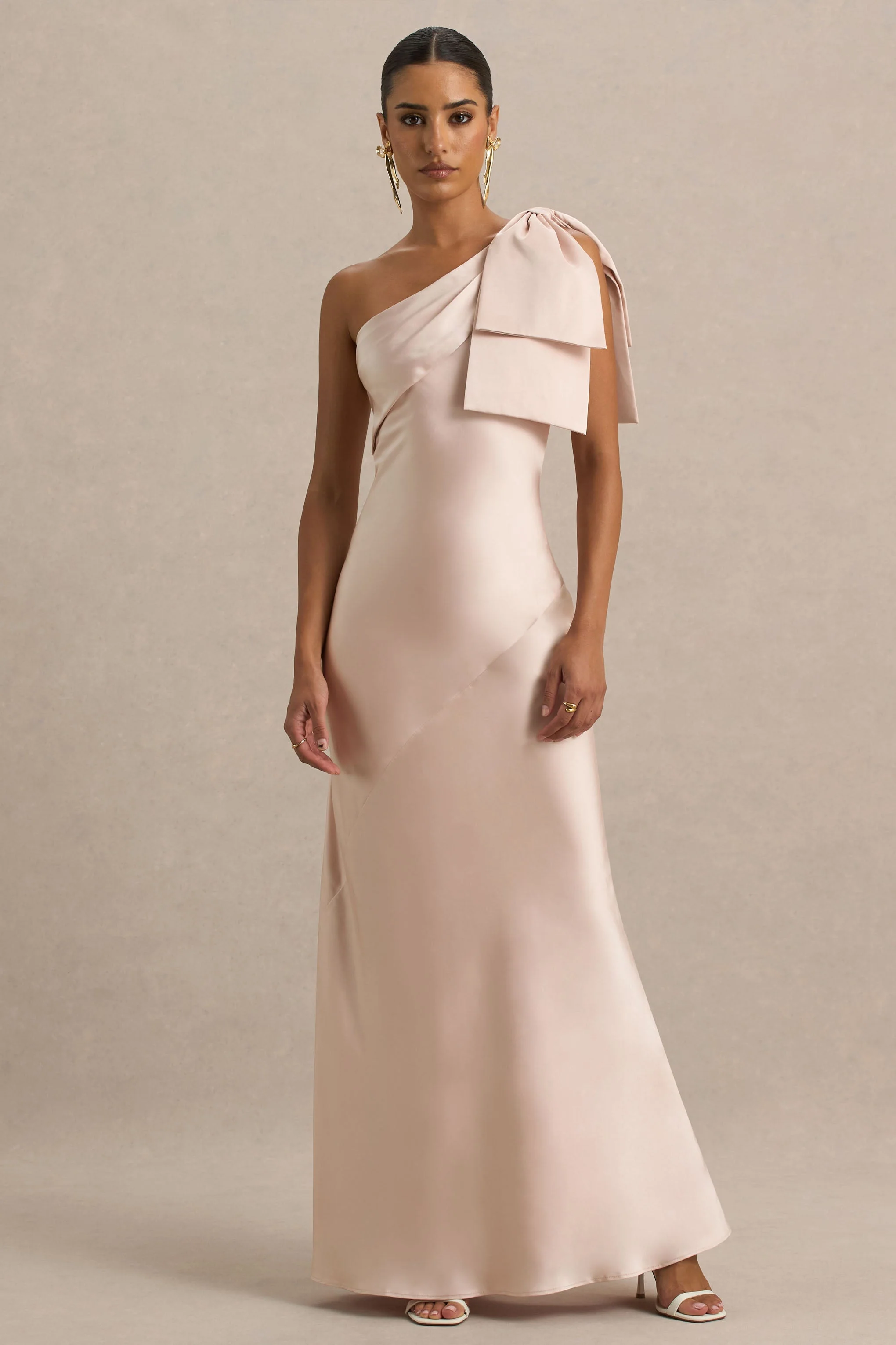 Valerie | Light Pink Satin Asymmetric-Neck Maxi Dress With Bow Detail - Image 3