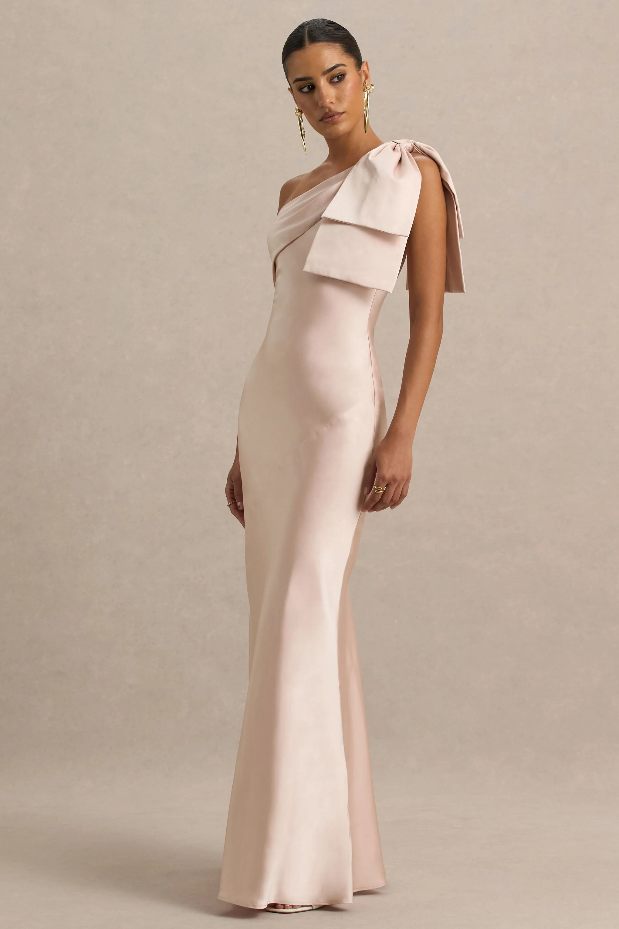 Valerie | Light Pink Satin Asymmetric-Neck Maxi Dress With Bow Detail - Image 4